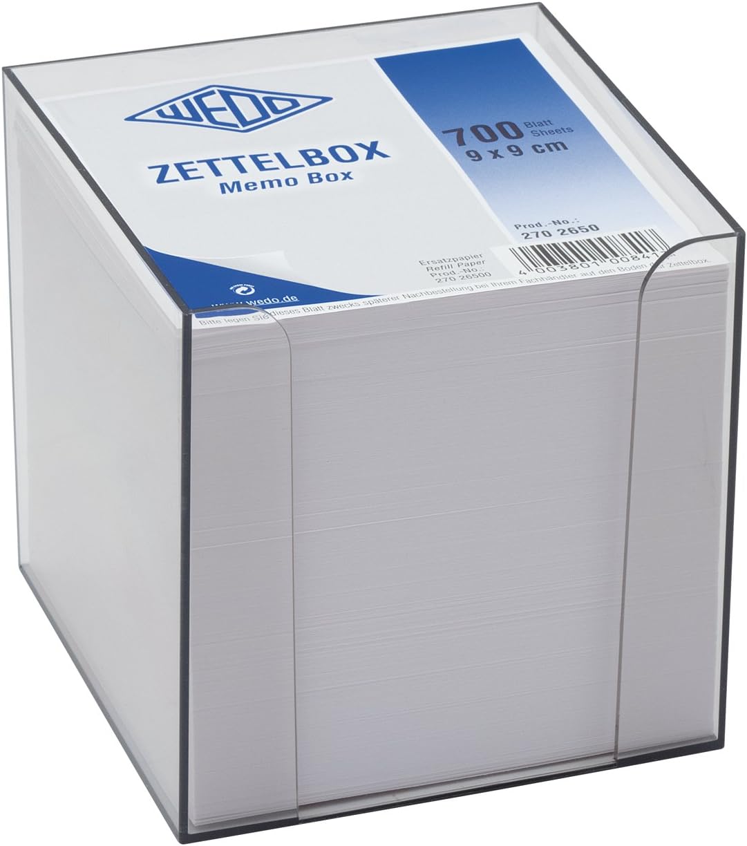 Detalle de Wedo 2702650 Zettelbox aus ABS-Kunststoff – rauchglasfarben, gefüllt (9 x 9 cm, ca. 700 Blatt)