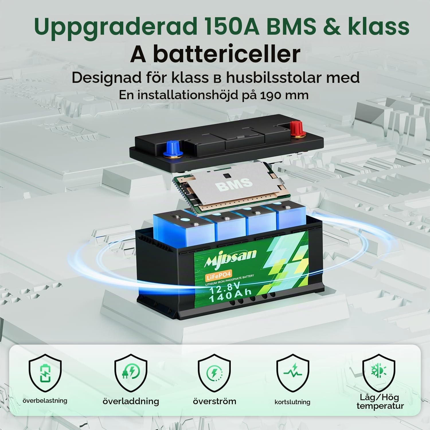 Thumbnail 3 de Mjbsan 12 V 140 Ah självvärmande LiFePO4-batteri med Bluetooth och 150 A BMS