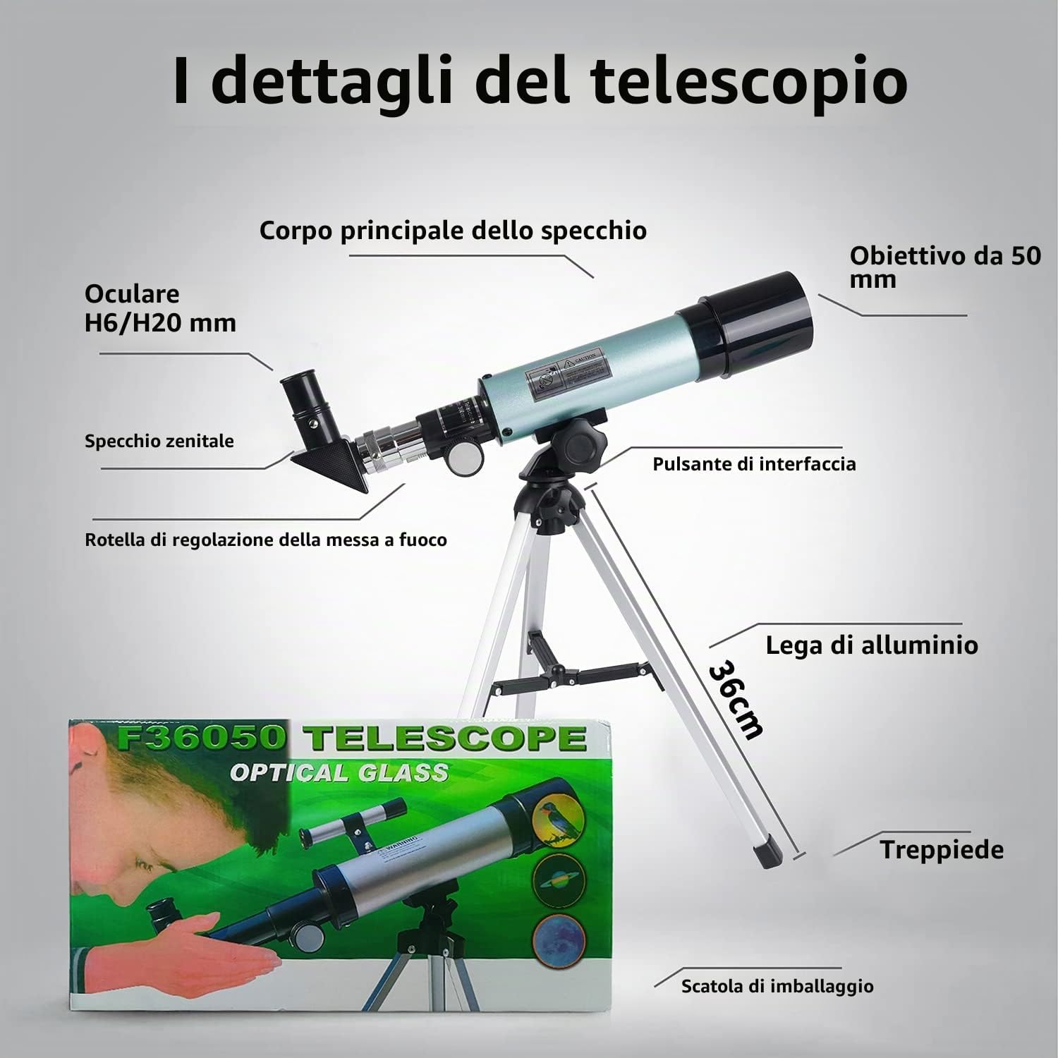 Detalle de Mijiao Telescopio astronomico per bambini 360/50 mm con zoom fino a 90X e treppiede regolabile