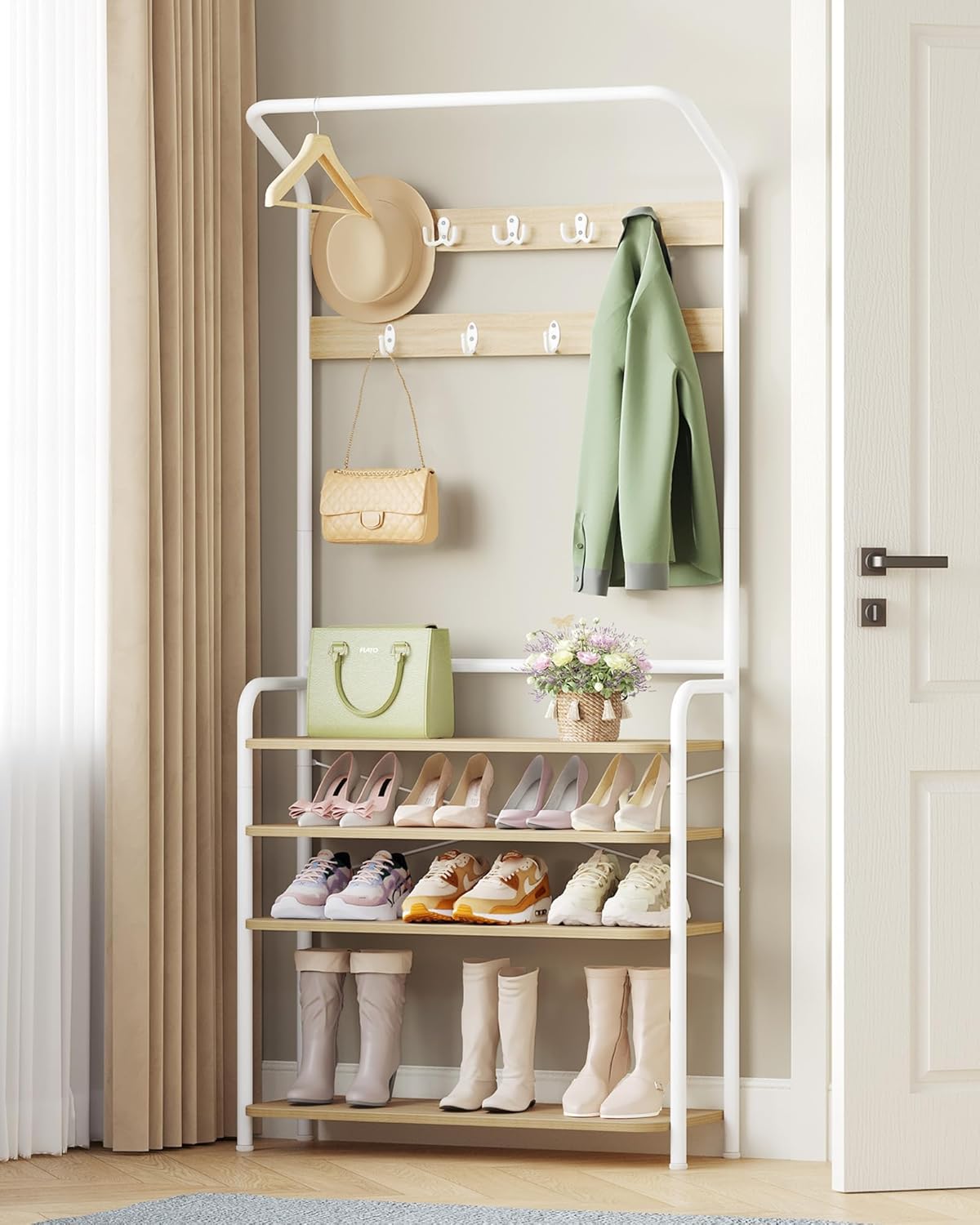 Thumbnail 1 de Hzuaneri Meuble d’Entrée HT19016W : porte-manteau avec porte-chaussures et 9 crochets