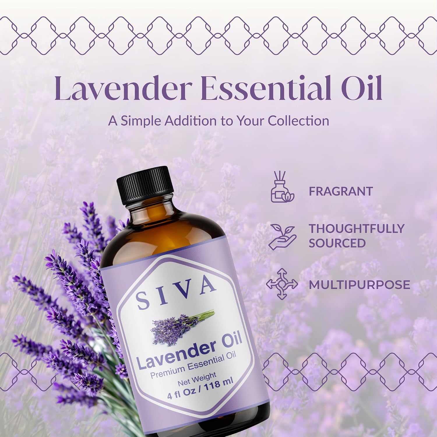 Detalle de SIVA Lavender Essential Oil, 4 fl oz Amber Glass Bottle with Dropper