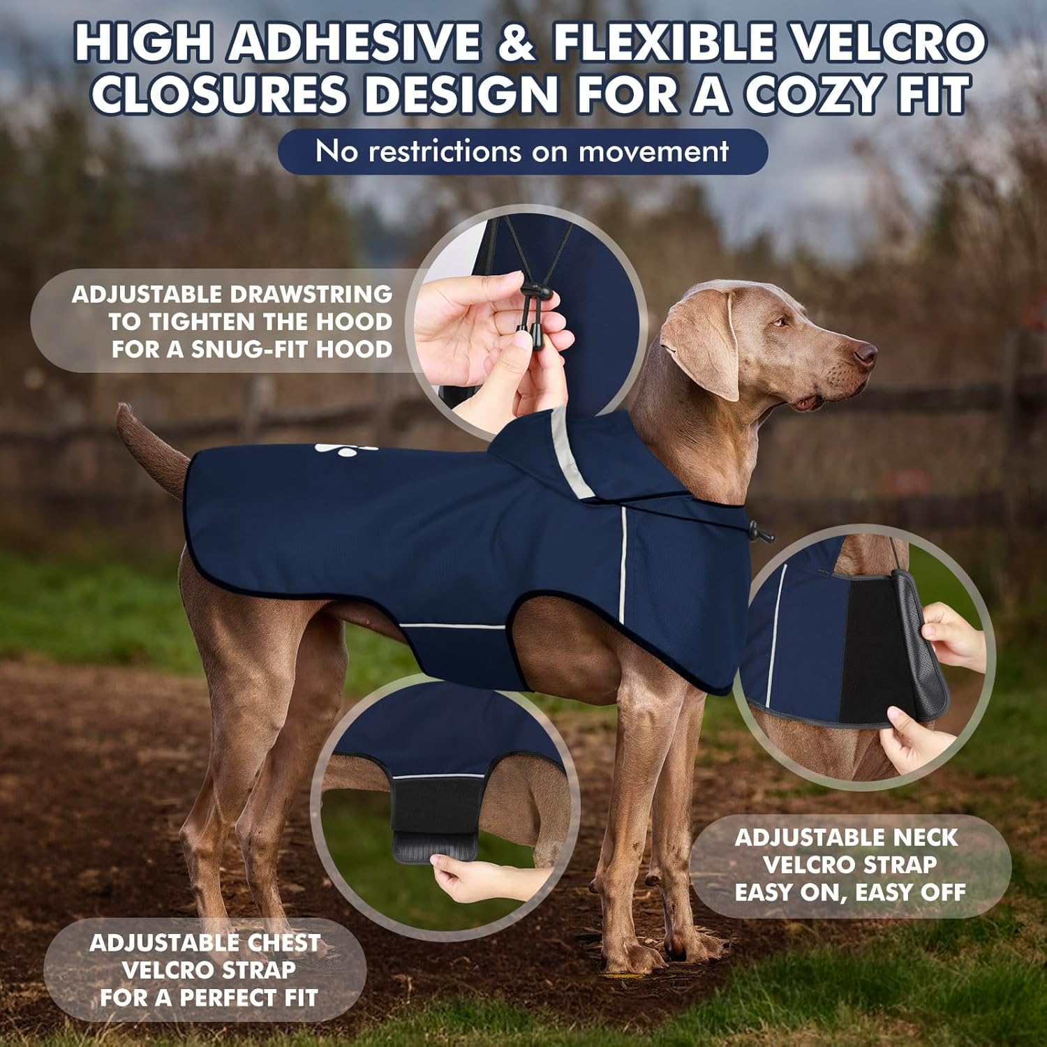 Detalle de BiPawTi Dog Waterproof Coat for Large Dogs (Blue, Size L) with Reflective Hood
