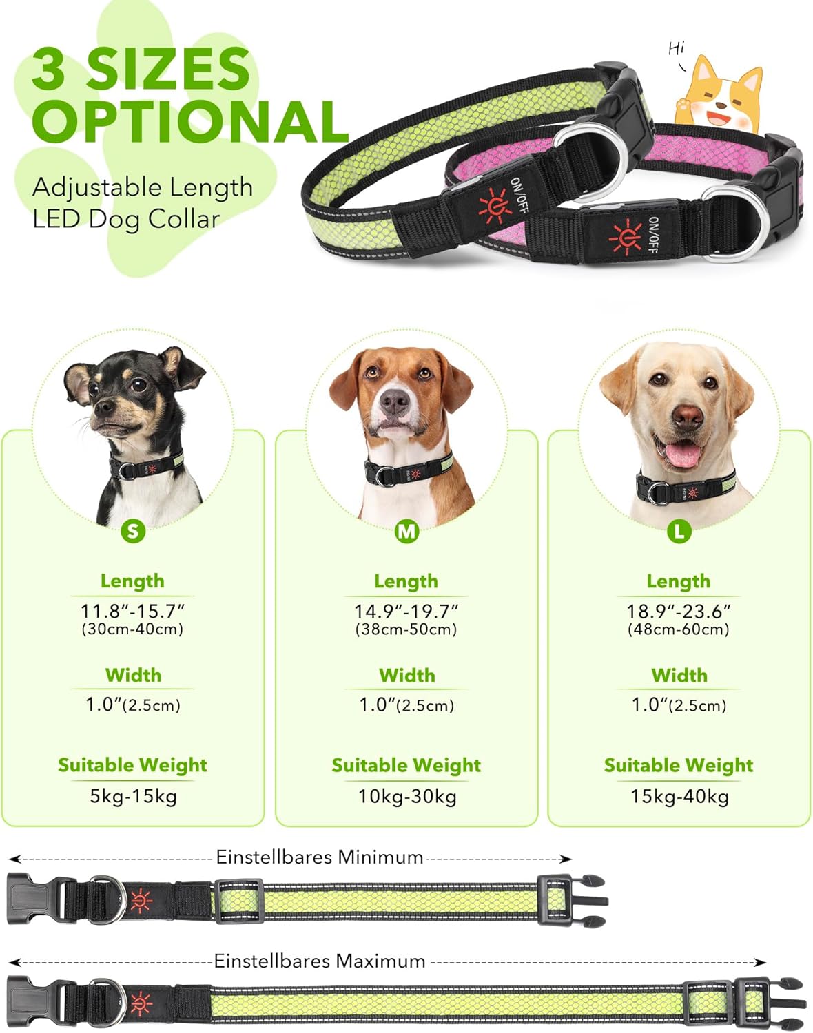 Detalle de Weesiber Light Up Dog Collar - Medium (38-50cm) with USB-C Rechargeable LED, Reflective and Water-Resistant