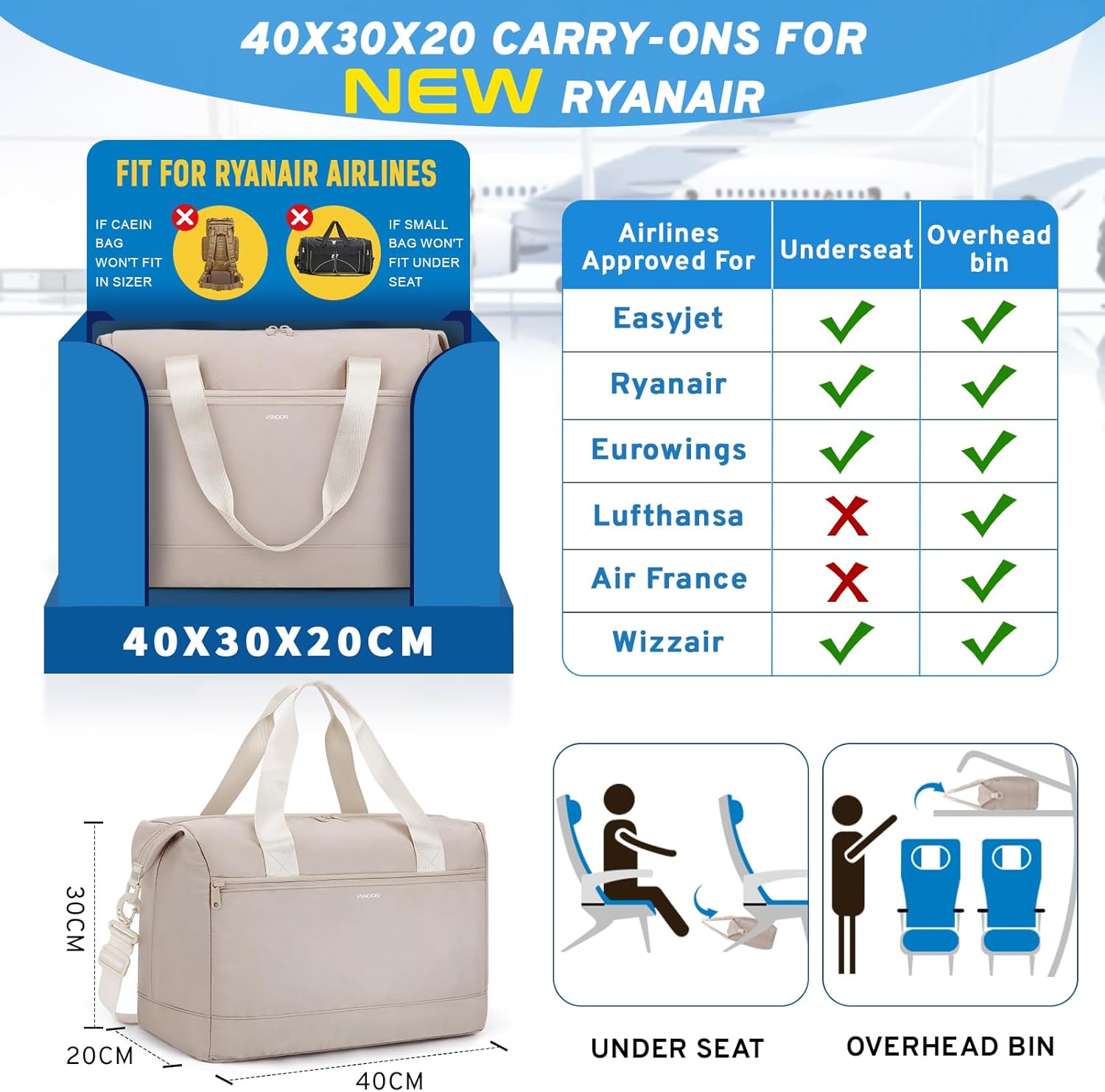 Detalle 2 de VSNOON Foldable 24L Ryanair Cabin Bag