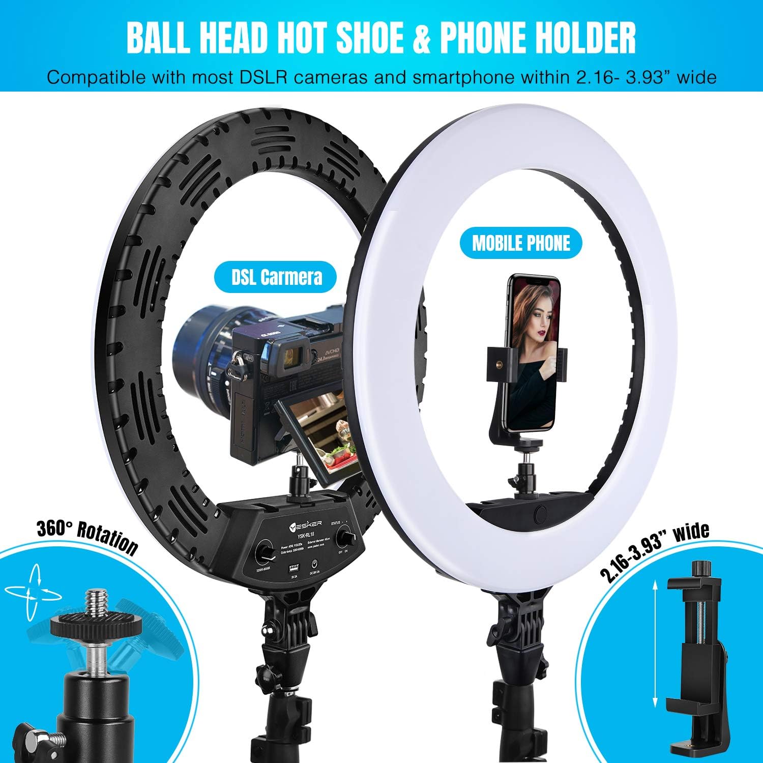 Detalle de Yesker 18-inch LED Ring Light Kit with 73-inch Tripod Stand (3200K–6000K) + Phone Holder