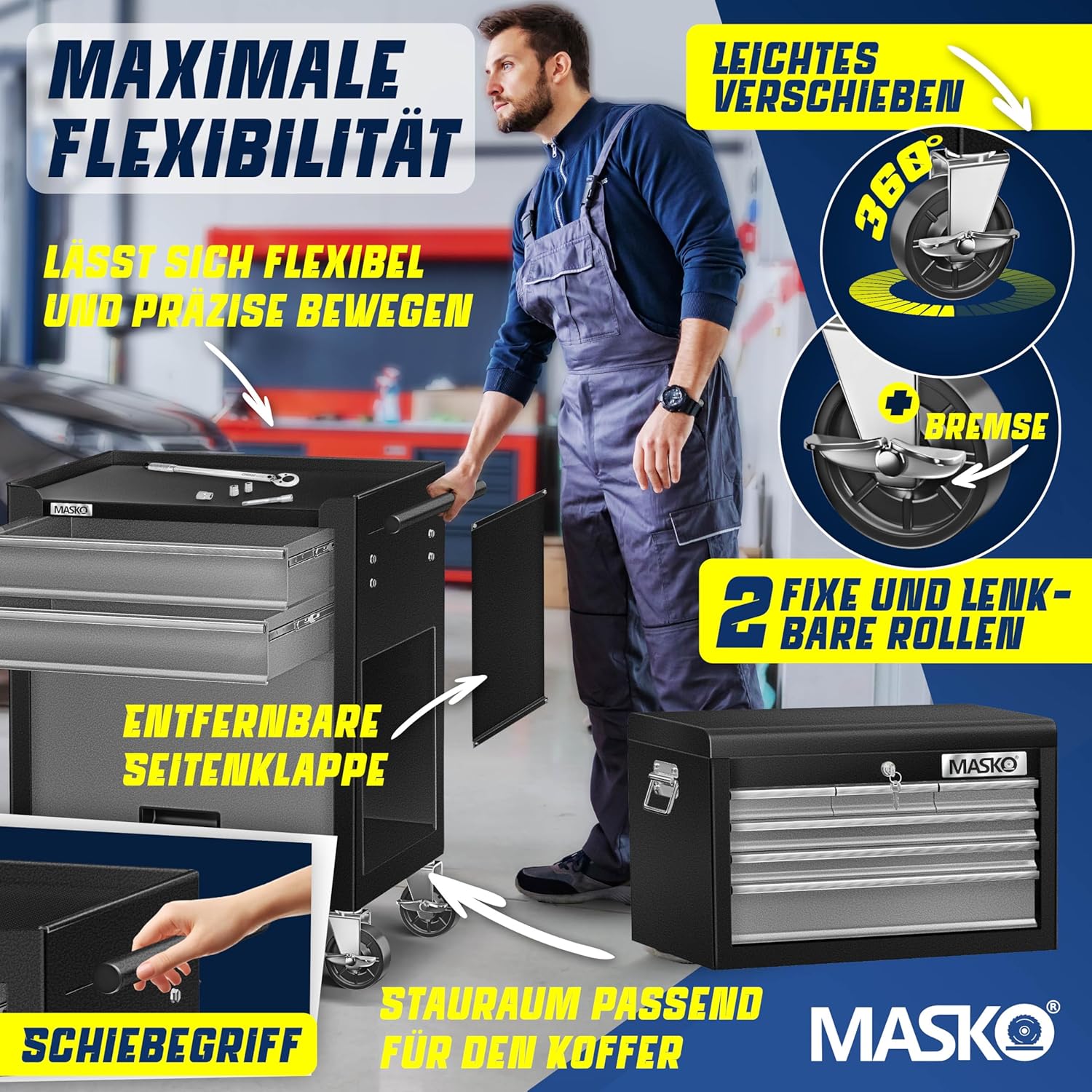 Thumbnail 5 de MASKO Werkstattwagen inkl. Koffer mit 9 Fächern, abschließbar – mobiler Werkzeugwagen aus massivem Metall (Schwarz/Grau)