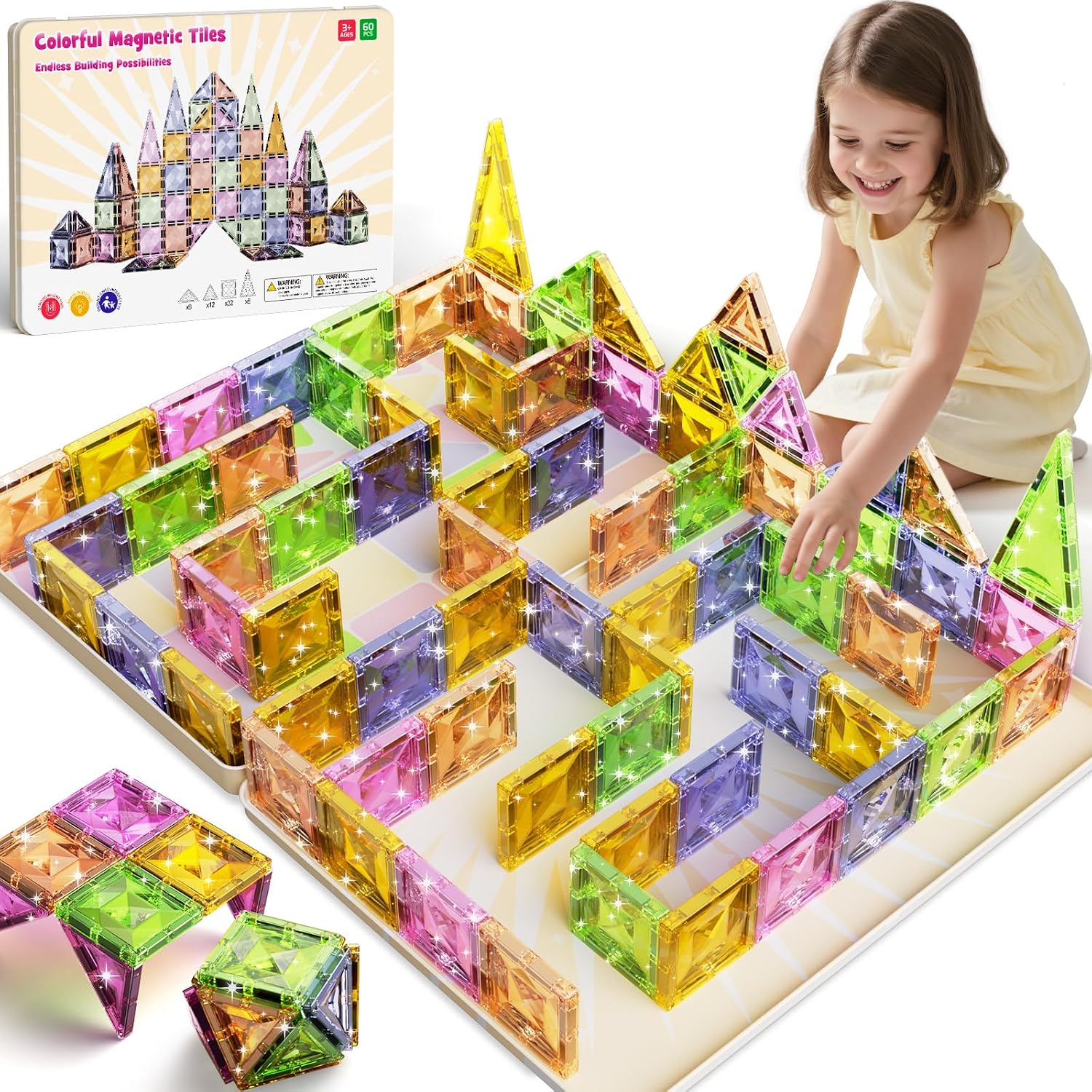 Detalle de burgmate Magnetische Bausteine (60 Teile) mit Eisenkasten – Magnetspielzeug für Kinder ab 3 Jahren