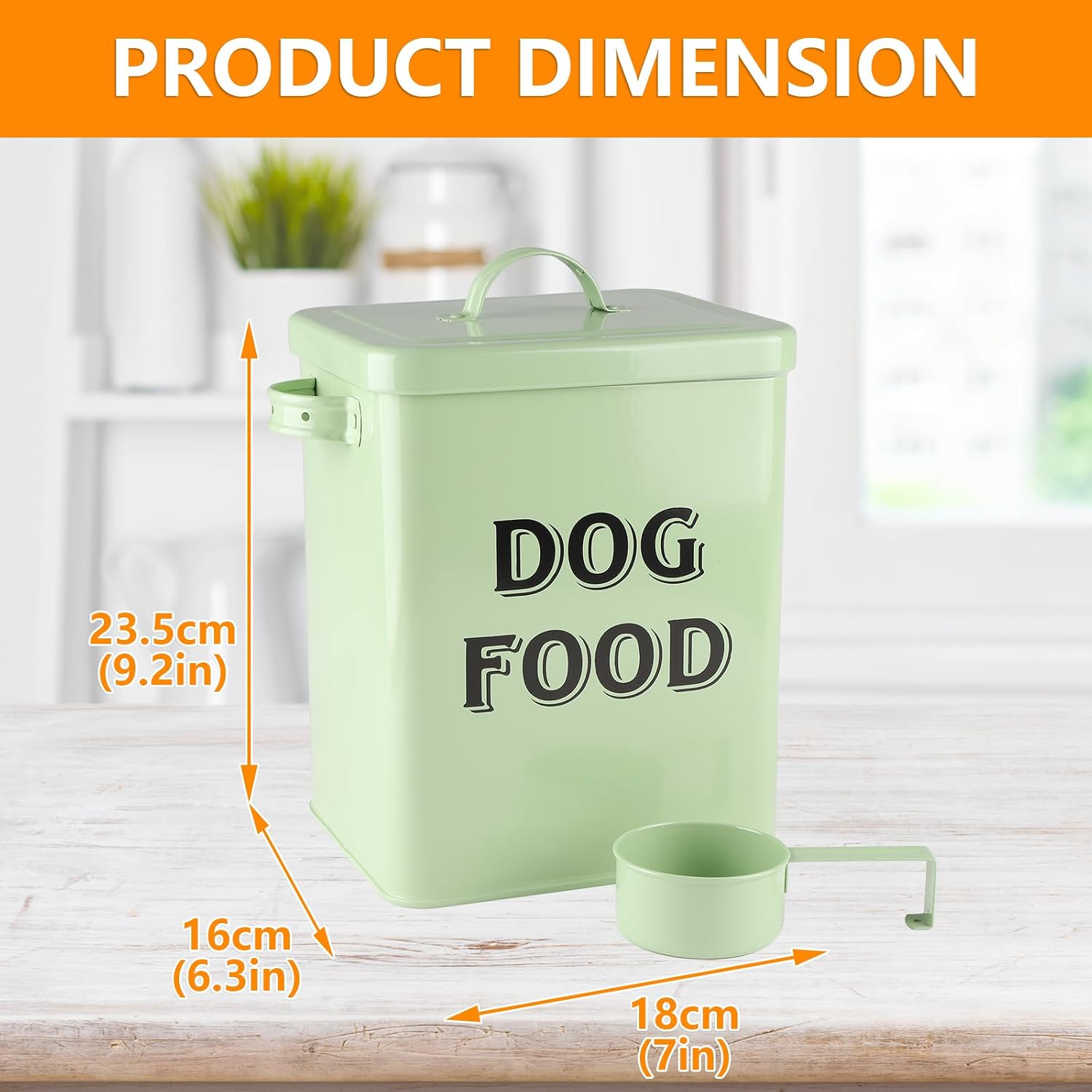 Detalle de Dog Food Storage Container: Vintage-Style Metal Canister with Lid, Scoop, and Enamel Finish