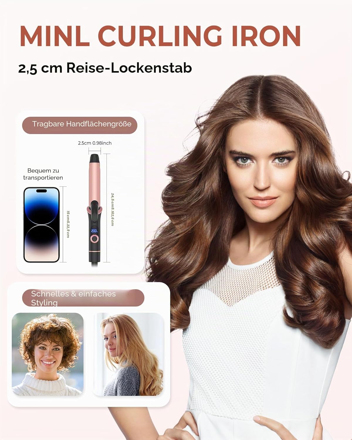 Detalle 2 de UKLISS Mini Lockenstab für Kurze Haare – 25 mm, LCD Display, Doppelspannung, Reise-Format (Rose Schwarz)