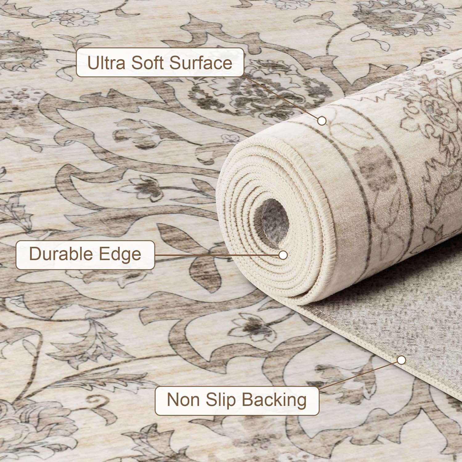 Thumbnail 6 de ExpediX 5x7 Washable Vintage Distressed Floral Area Rug (Non-Slip, Stain Resistant) for Living Room, Bedroom, and More