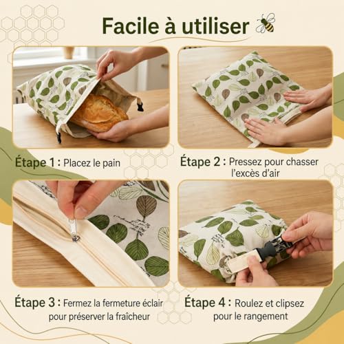 Detalle de Fruzmzk Sacs à Pain Réutilisables en Cire d'Abeille 43 × 33 cm – Lot de 2