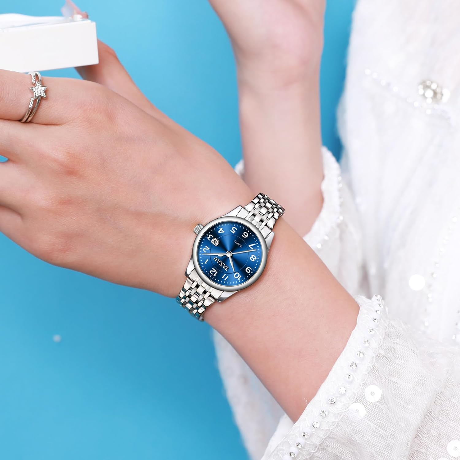 Detalle de Taxau Damen Uhr mit Datum – klassisch, Quarz, Edelstahlarmband
