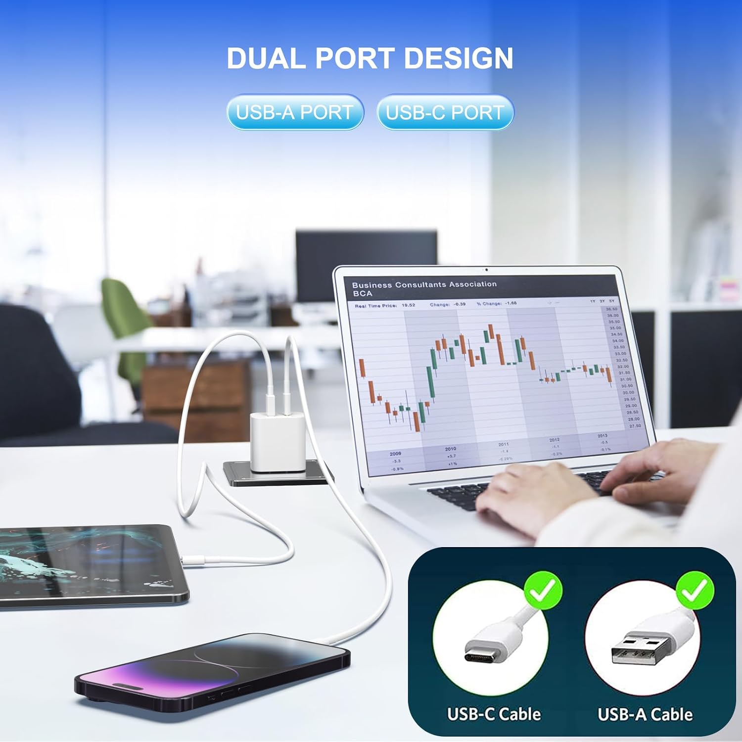 Detalle 2 de iGENJUN 20W Dual-Port USB-C + USB-A iPhone Charger Block (3-Pack) — QC + PD 3.0, White