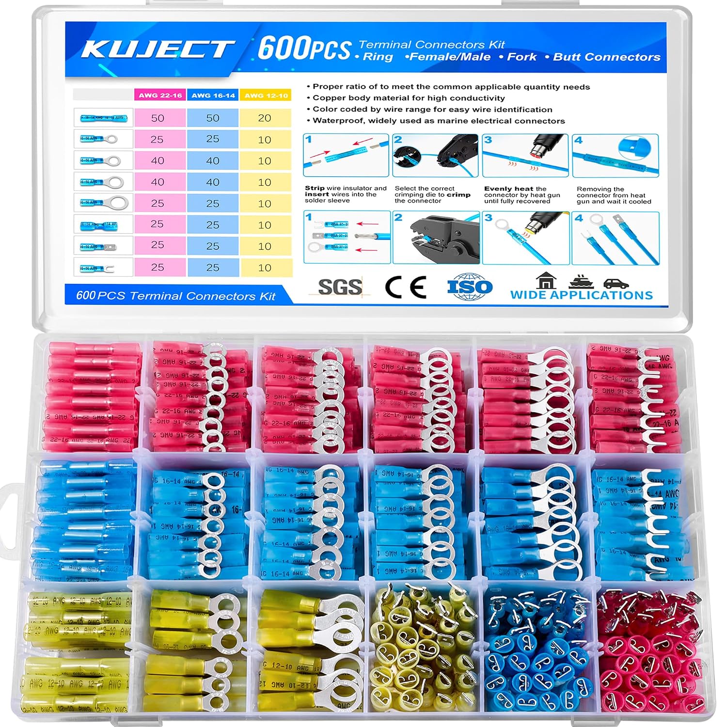Detalle de Kuject HST600 Heat Shrink Wire Connector Kit, 600-Piece Waterproof Assortment