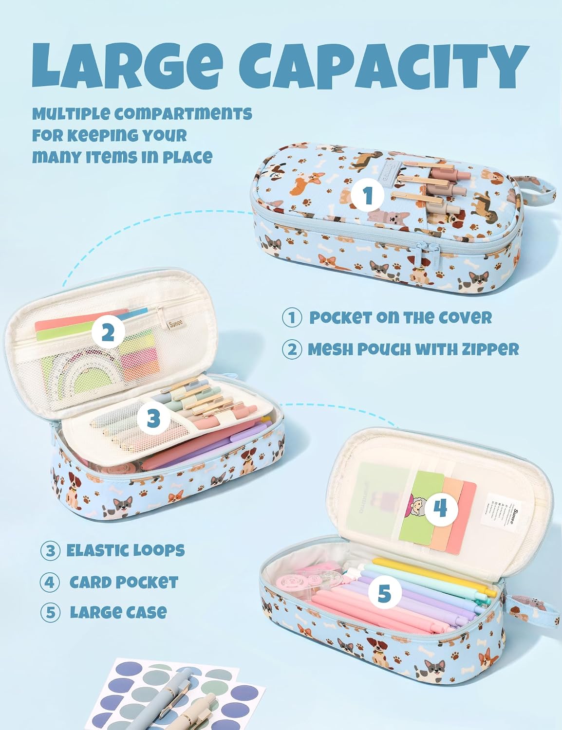 Detalle de SUNEE S-P8157 Pencil Case, Cute Dog Print, Oxford Fabric, Zippered