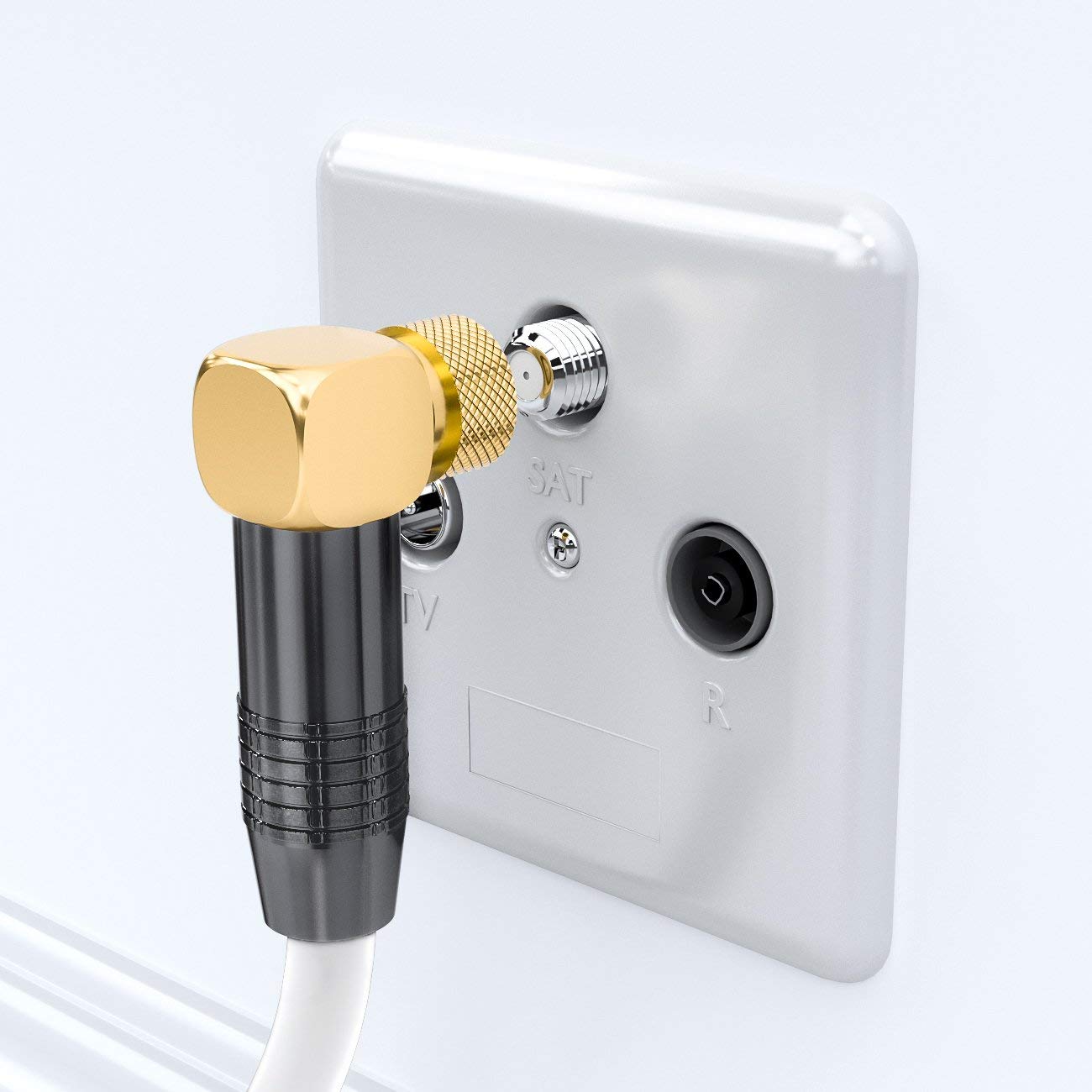 Detalle de deleyCON 2m SAT Antennenkabel – 90° F-Stecker, 4K/HDTV, Weiß