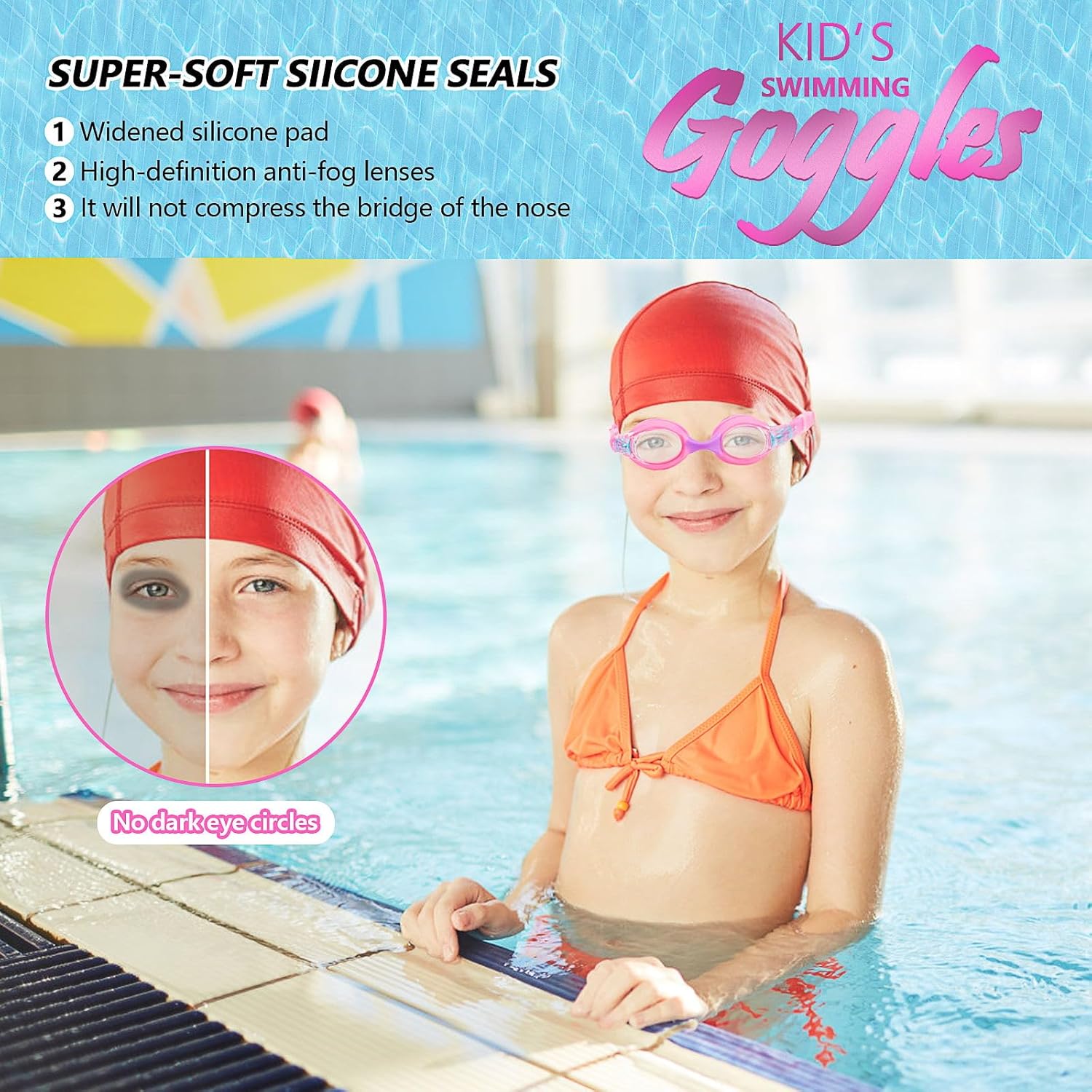 Detalle 2 de Mezere Kids Swimming Goggles (Age 6–14) Anti-Fog, UV Protection & No-Leak Fit