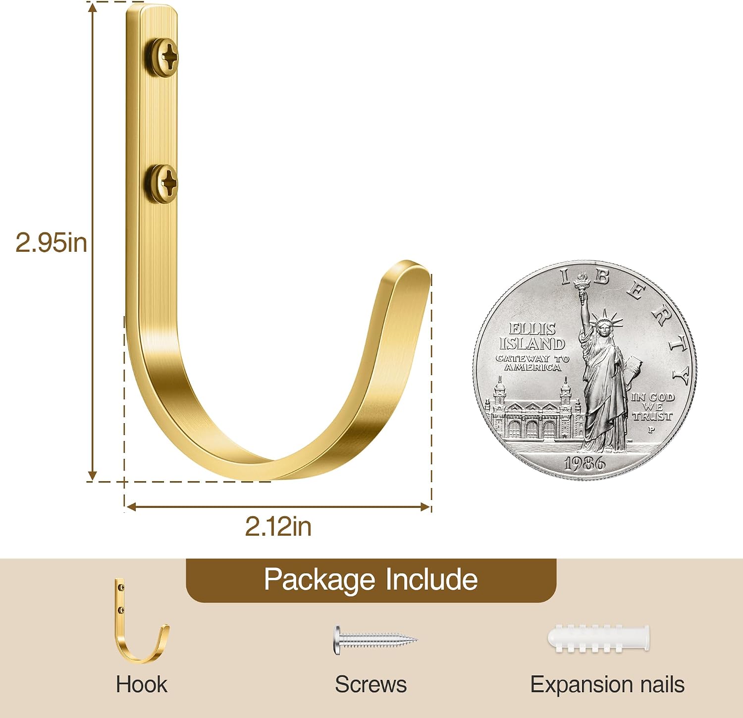 Detalle de Josmimic JCJ-5G-HKUS Wall Hooks, Brushed Gold Aluminum, 5-Pack