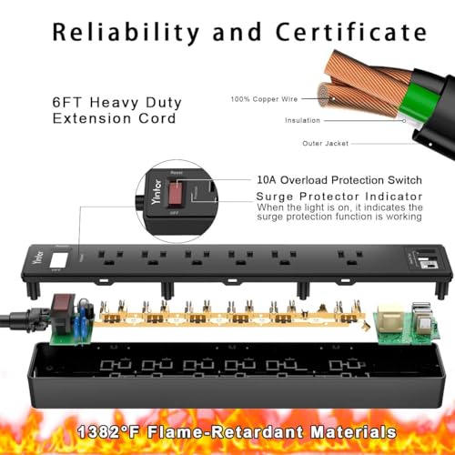 Detalle 2 de Yintar 6Ft Surge Protector Power Strip with 6 Outlets & 3 USB Ports (Black)