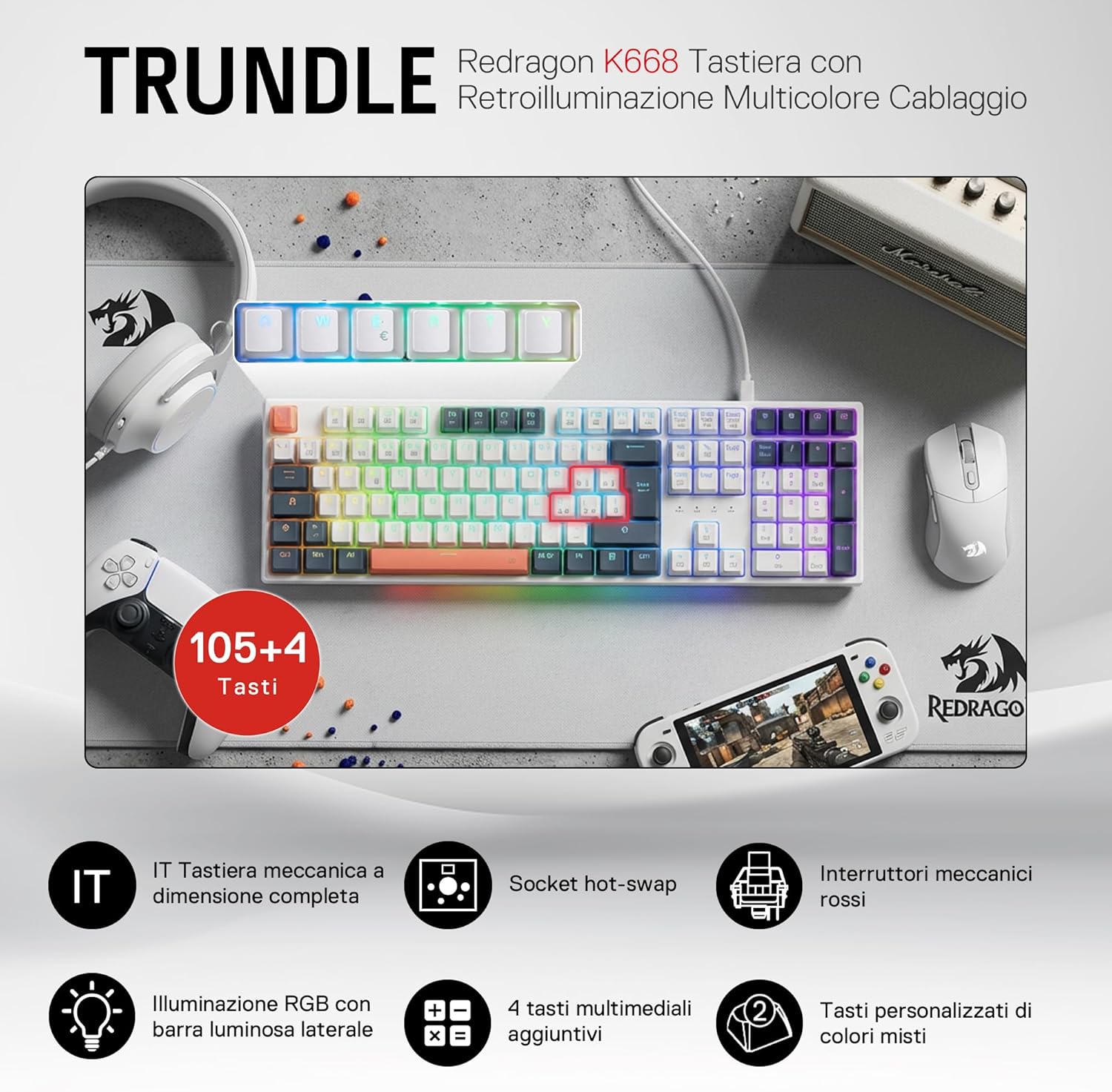 Thumbnail 1 de Redragon K668 RGB tastiera gaming meccanica cablata hot-swap con layout QWERTY italiano