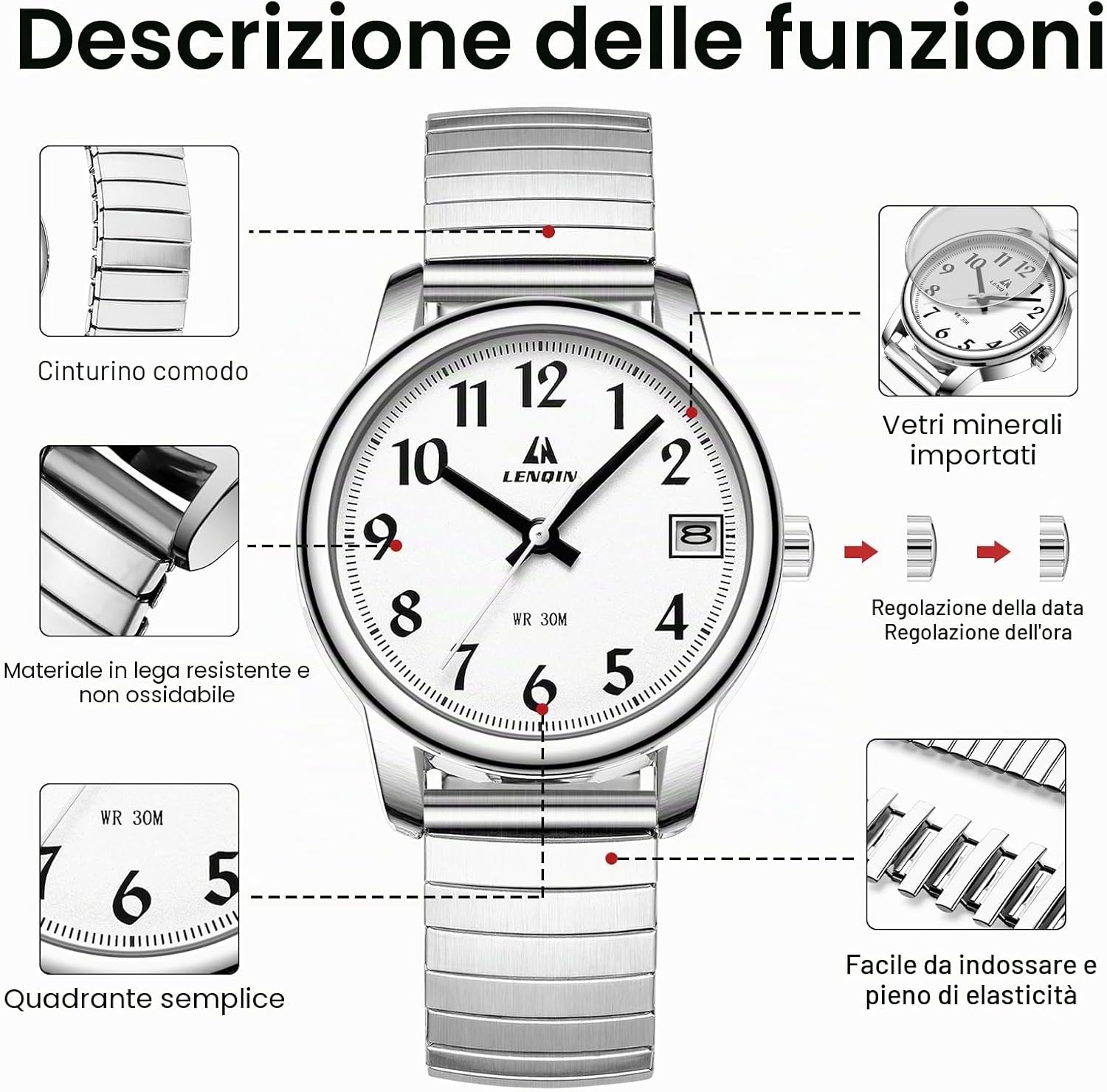 Detalle 2 de LN LENQIN orologio donna analogico al quarzo in acciaio con cinturino espandibile, impermeabile 3 ATM