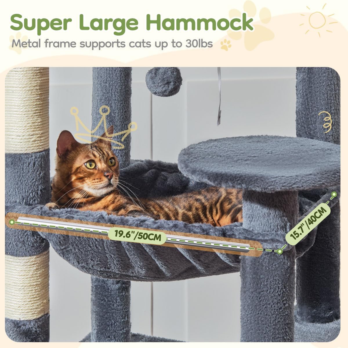 Thumbnail 4 de Taoqimiao Cat Tree 183cm Large Cat Tree with 5 Scratching Posts, Metal Hammock & Spacious Platforms (Smoke Grey)
