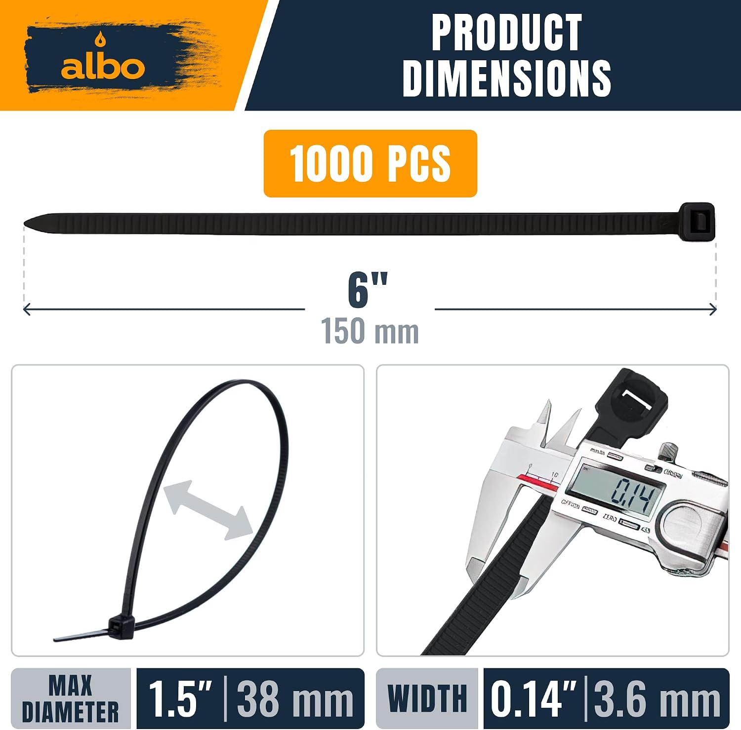 Detalle 2 de Albo 6-Inch Black Nylon Zip Ties, UV-Resistant, Self-Locking, 40 lb