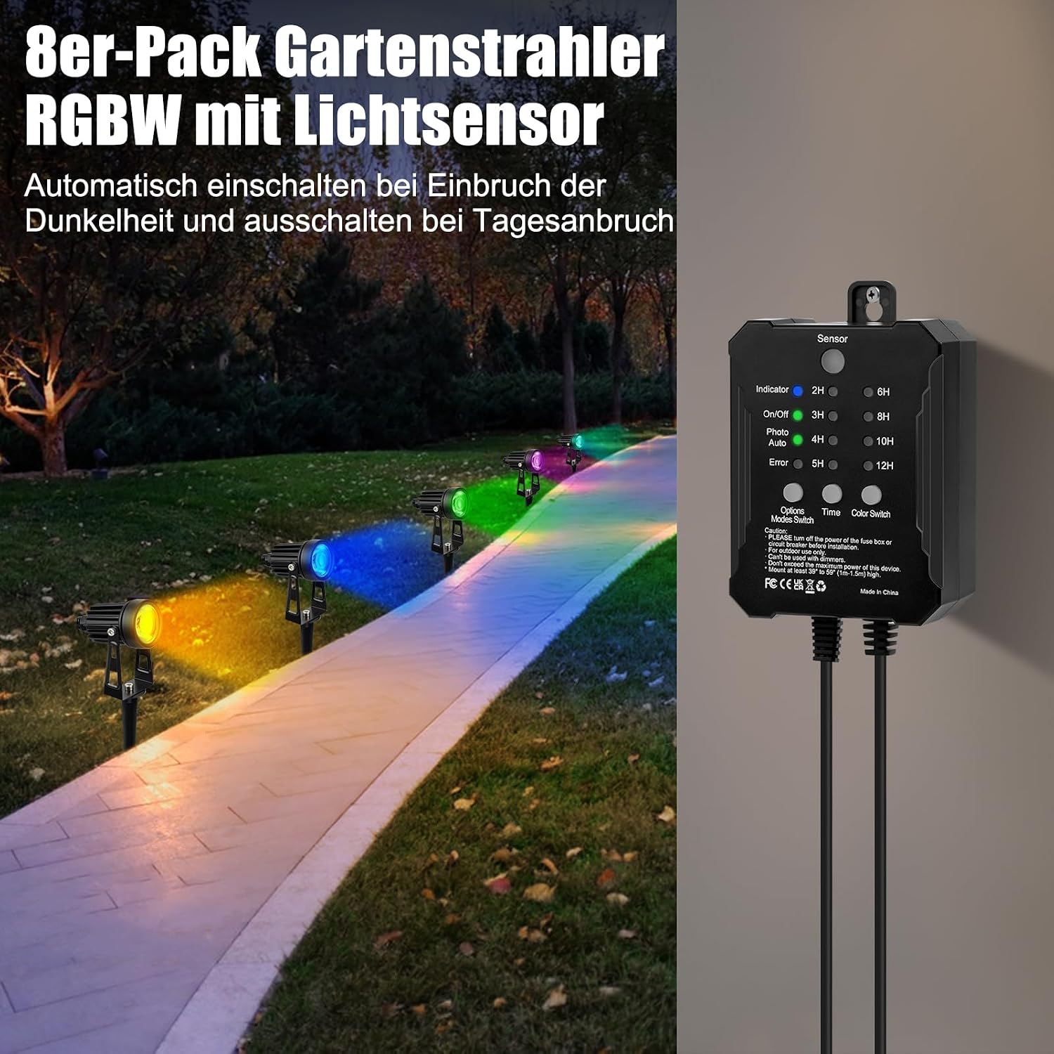 Detalle 2 de COOLWEST RGB Gartenstrahler 8er-Set mit Fernbedienung, Lichtsensor und 24V, IP65 – 20 m Kabelsalat inklusive