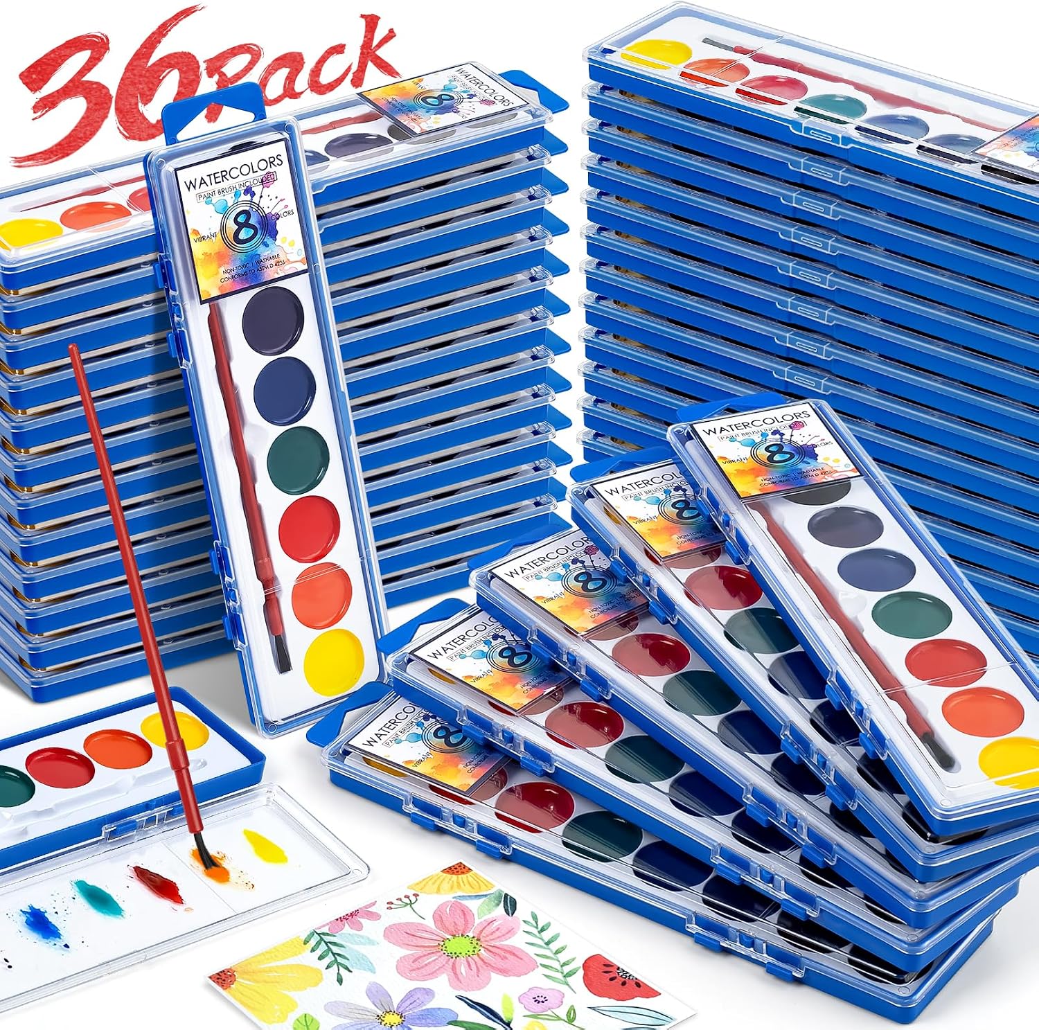 Detalle de 36-Pack Watercolor Paint Set with Brush – 8 Colors, Washable and Kid-Safe