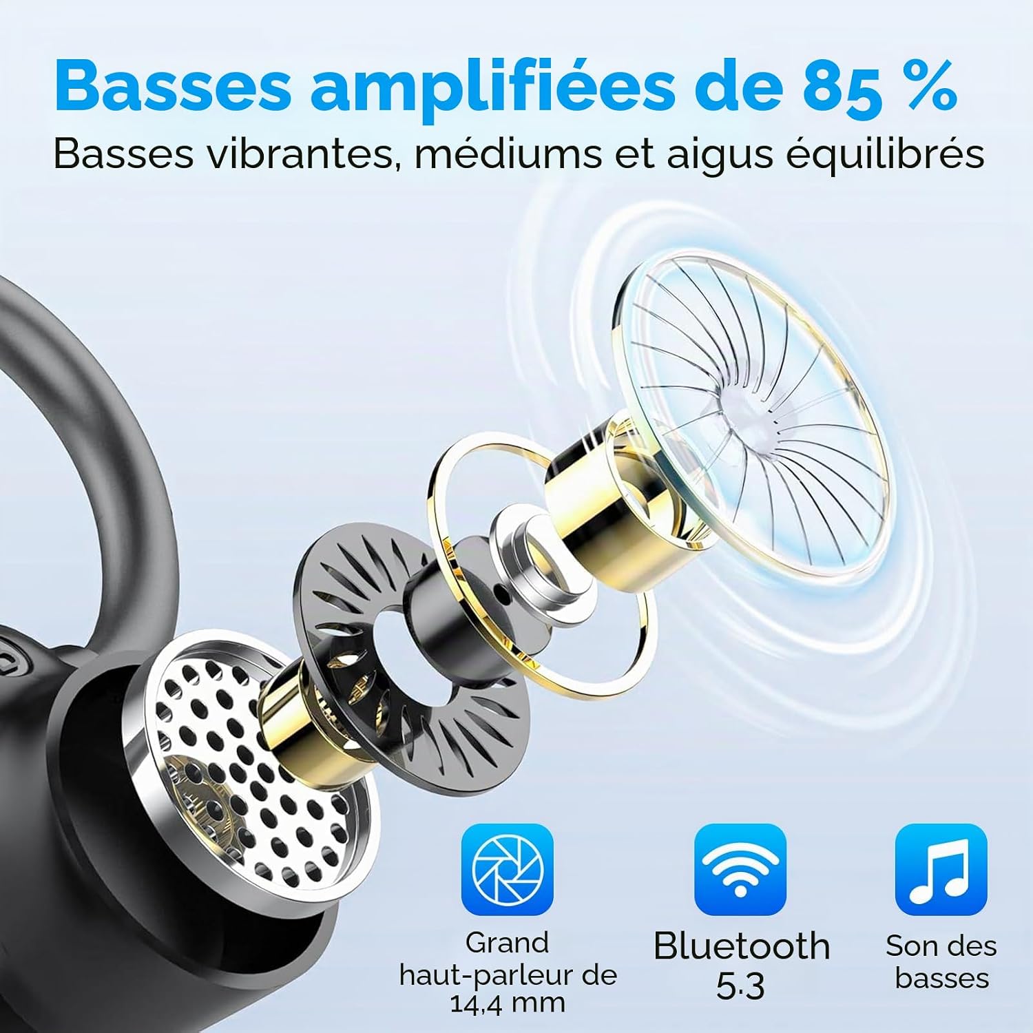 Detalle 2 de Ecouteurs Bluetooth sans Fil Sport – Casque 5.3, 72H d’autonomie, IPX7 et ANC ENC