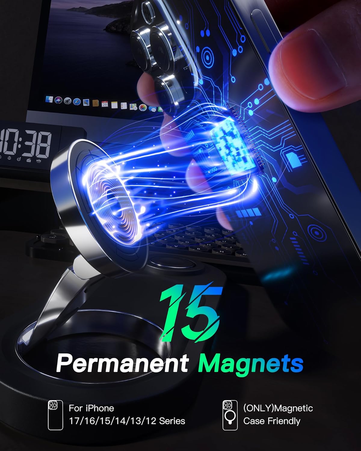 Thumbnail 2 de Upgraded 3-in-1 Wireless Charging Station for Apple Devices (Mag-Safe iPhone + Apple Watch + AirPods) — Black