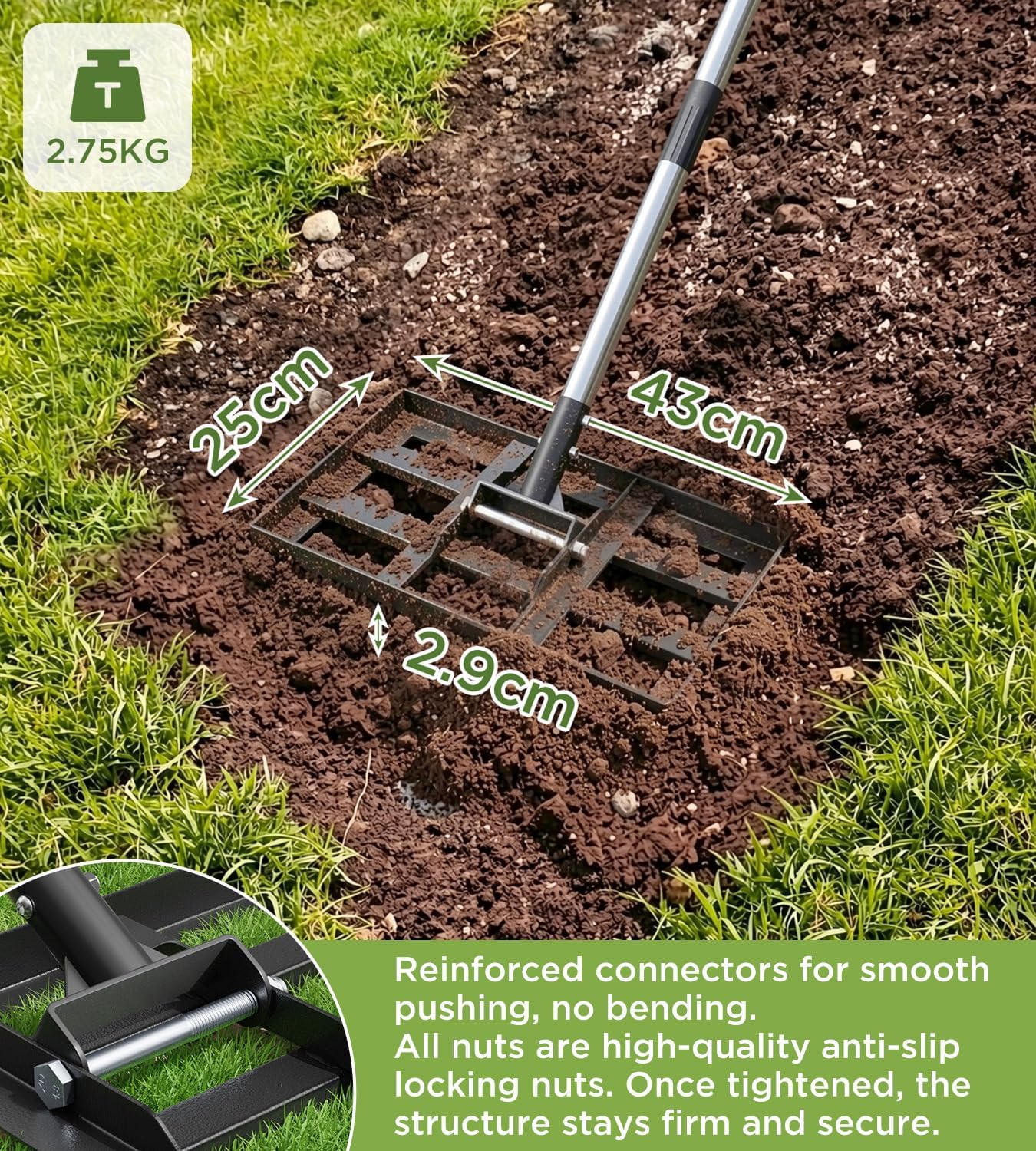 Thumbnail 1 de Lawn Levelling Rake with 180cm adjustable stainless handle – 43 x 25cm grass levelling tool