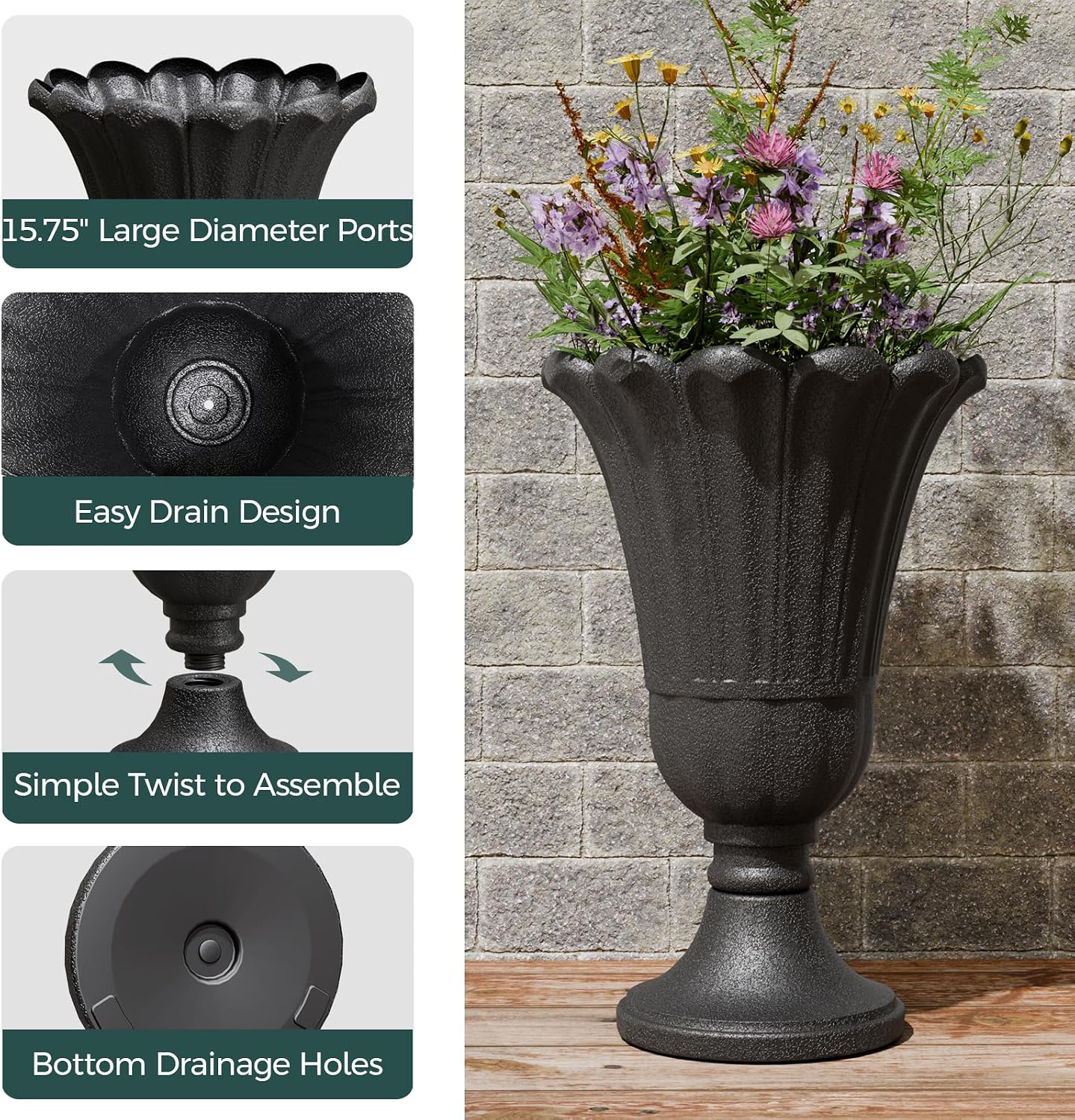 Detalle de Trygoal Tall HDPE Urn Planters, 23.62-Inch Black Petal Set of 2