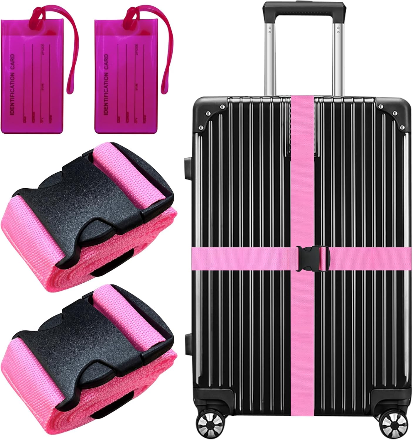 Detalle de 2 Pack Luggage Straps and 2 Pack Tags Sets for Suitcases (Pink) – Adjustable 198 cm with Quick Release Buckle