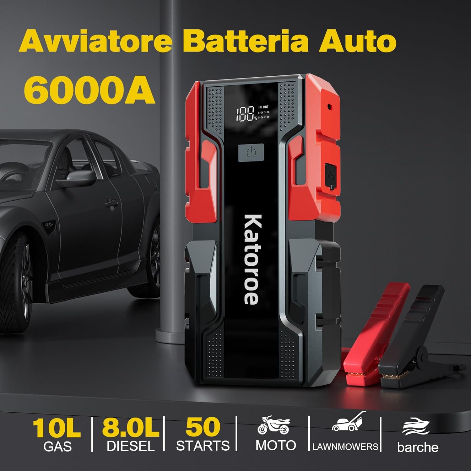 Thumbnail 1 de Avviatore batteria auto 6000A 12V con torcia LED 400 lm e ricarica USB-C