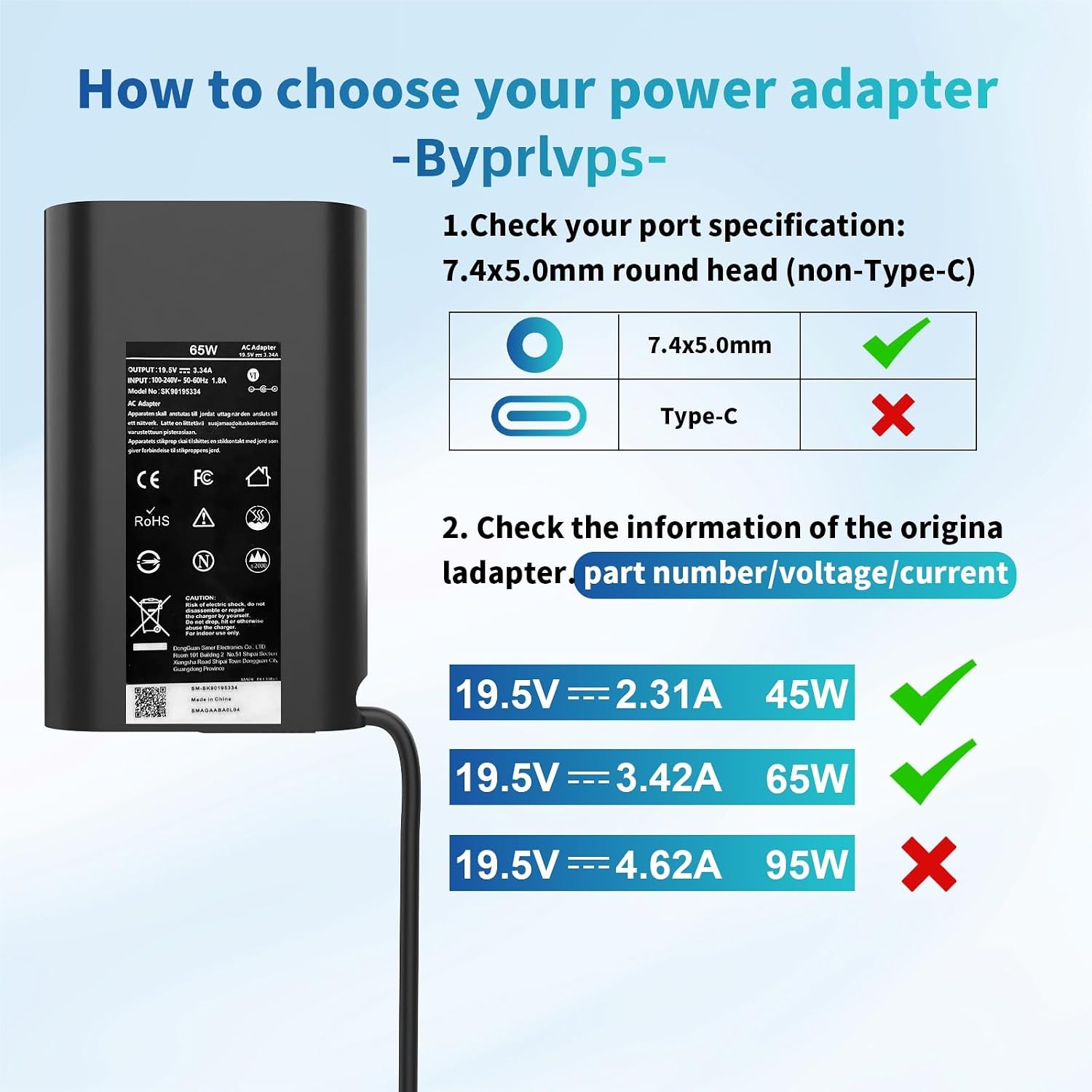 Detalle 2 de Byprlvps 65W 7.4mm x 5.0mm Laptop Charger for Dell Latitude and More