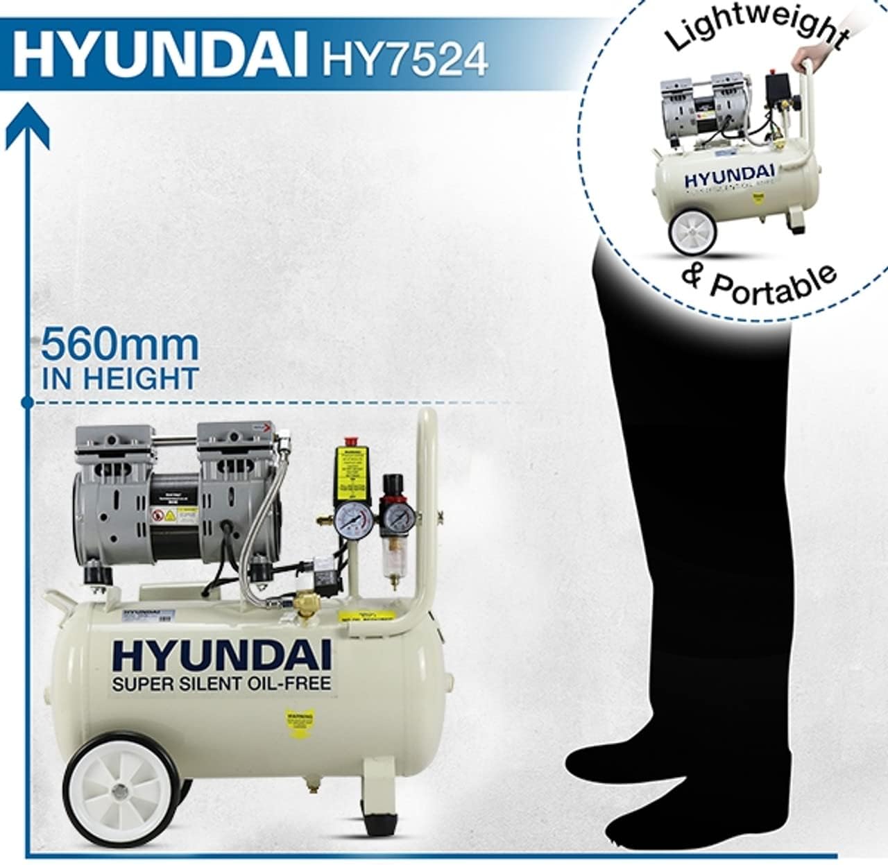 Detalle de Hyundai 24L Oil-Free Low Noise Air Compressor (750W, 118psi) with twin gauges and Euro quick connectors