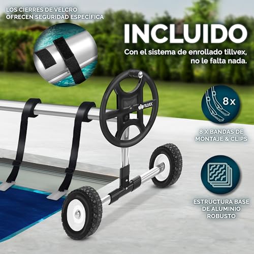 Detalle de tillvex enrollador de cubiertas para piscinas 3 a 5,70 m con neumáticos de caucho macizo y sistema móvil