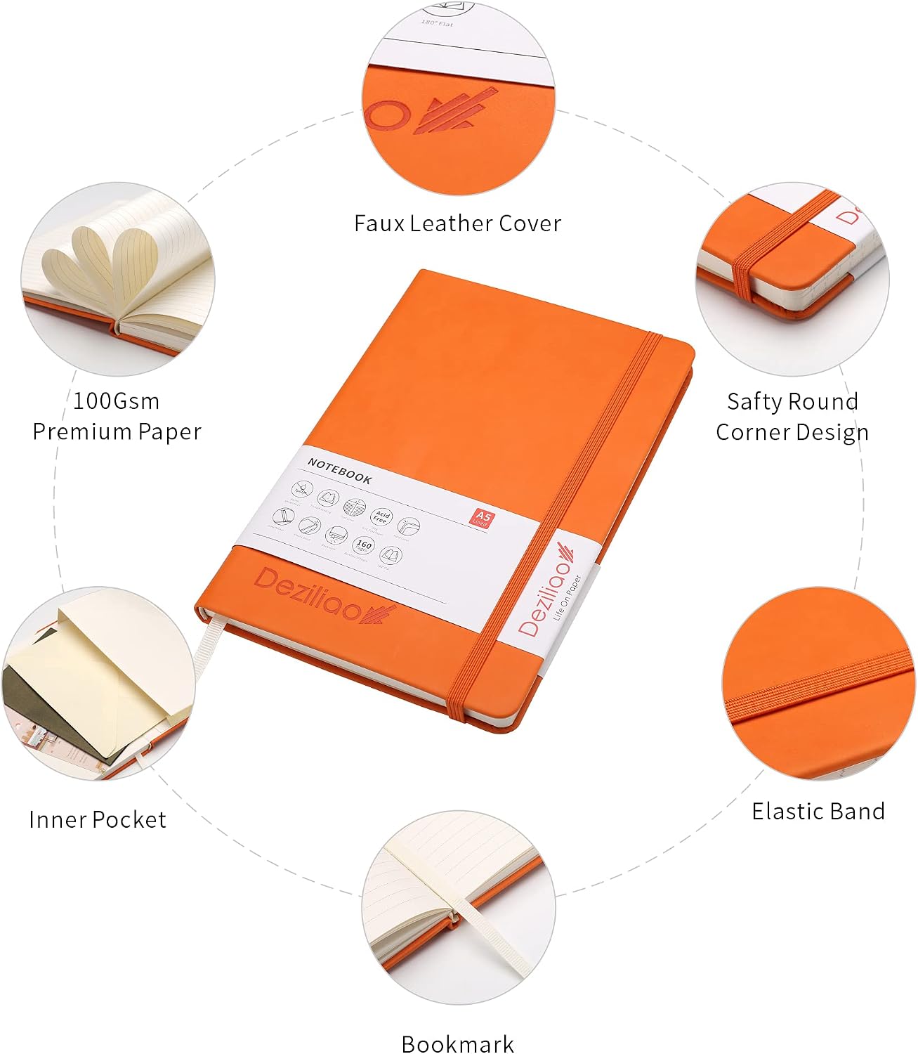 Thumbnail 2 de Deziliao D0005 A5 Hardcover Notebook, 160 Pages, 100 gsm Ruled Paper, Orange