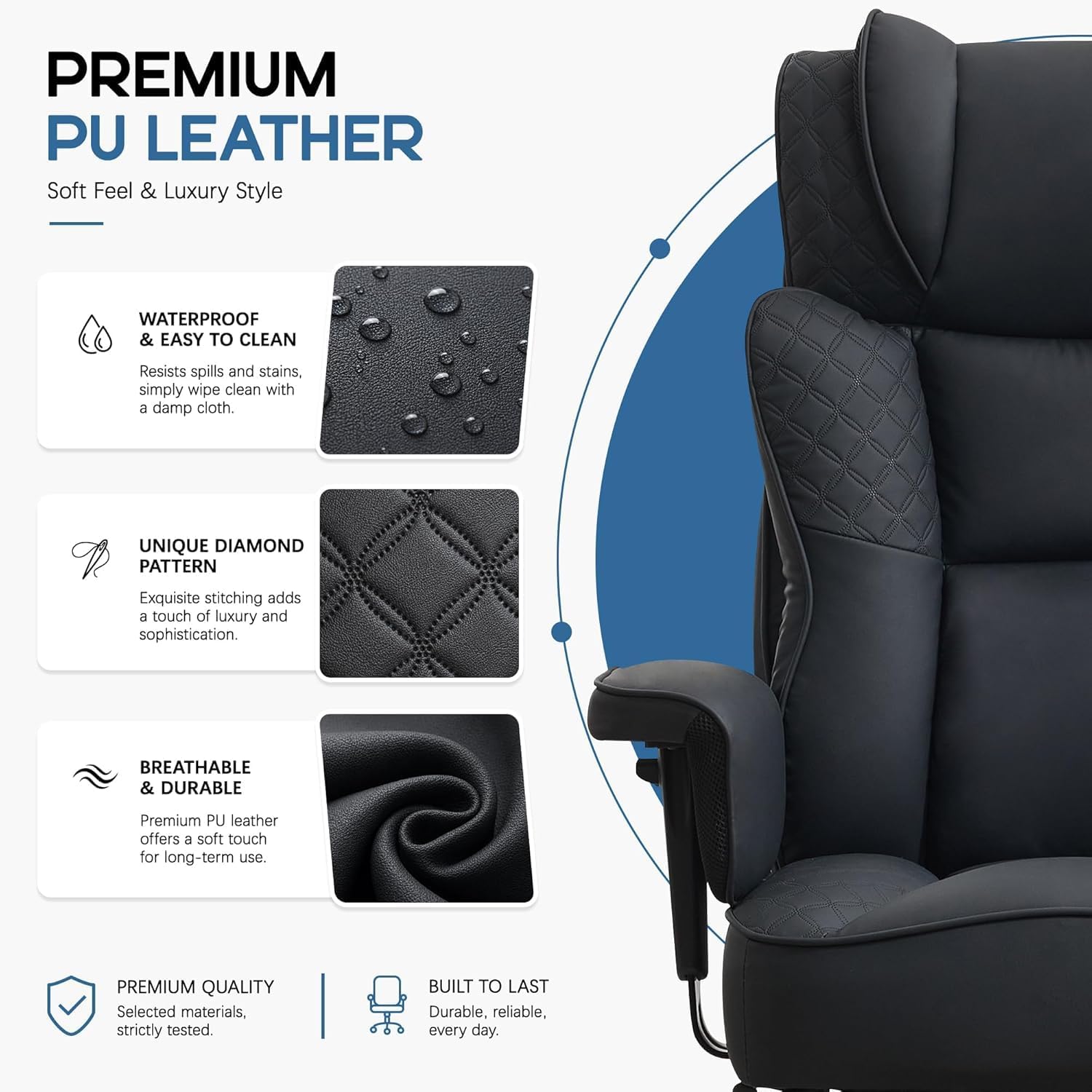 Detalle de Daeorio HXCH001-Black Big and Tall Office Chair with Footrest, Reclining Faux Leather