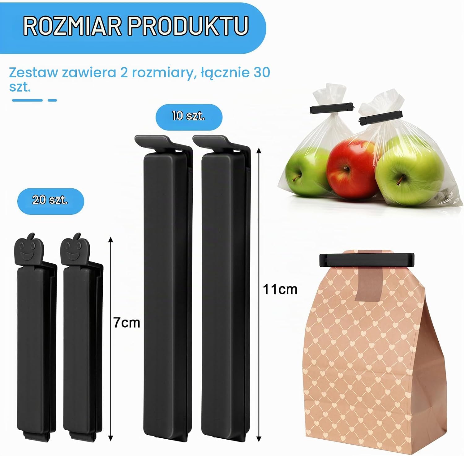 Detalle de AiQInu Food Sealing Clips-30pcs-Black – klipsy do torebek, 30 szt., 7 i 11 cm