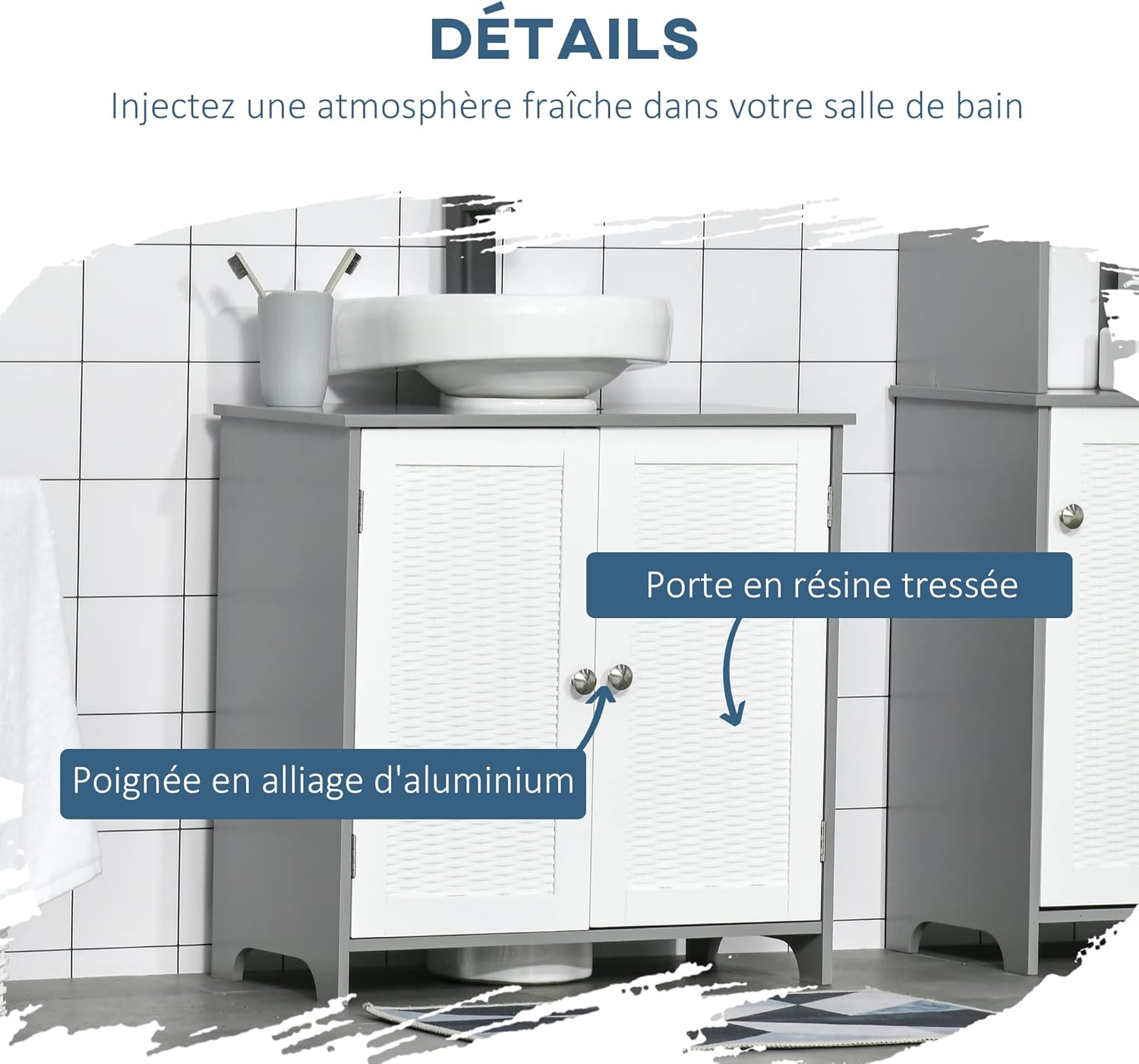 Thumbnail 5 de Kleankin Meuble sous lavabo - Évier | Placard 2 portes avec étagère, 60 x 30 x 60 cm, gris/blanc