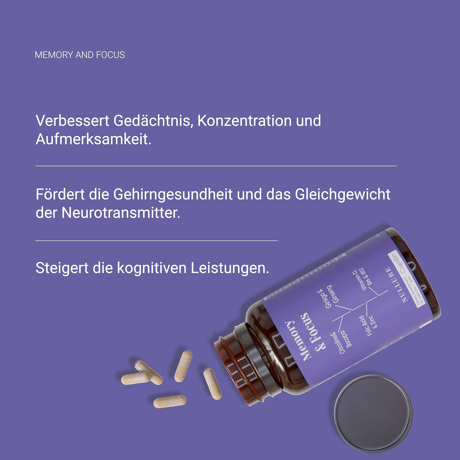 Thumbnail 1 de Nullure Memory & Focus Konzentration Complex – Nootropisches Supplement mit Citicolin CDP Cholin, Ginkgo, Bacopa & mehr (60 Kapseln)