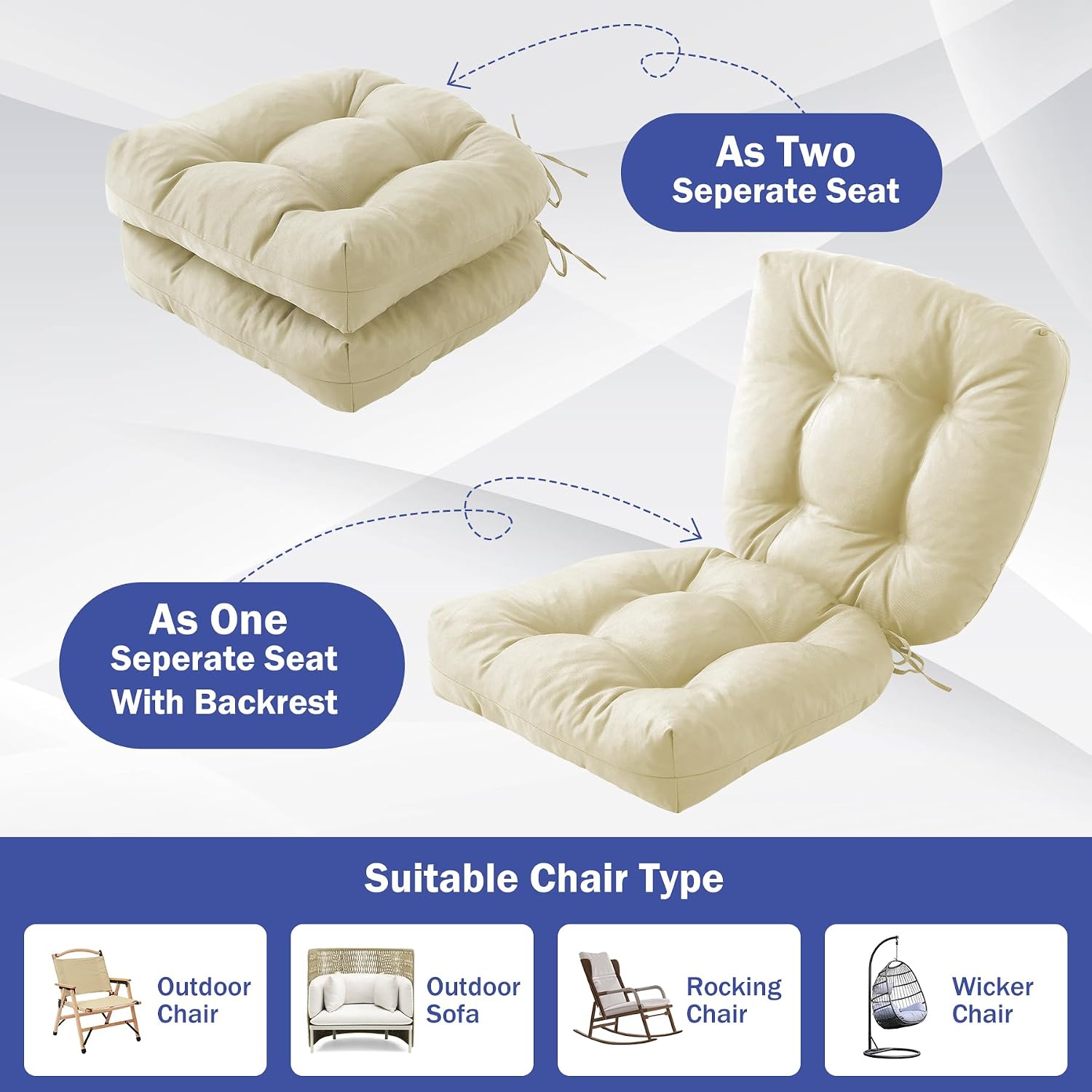 Thumbnail 5 de IPYNBAP Outdoor Chair Cushions, Set of 2, Tufted Beige Foam Pads with Ties
