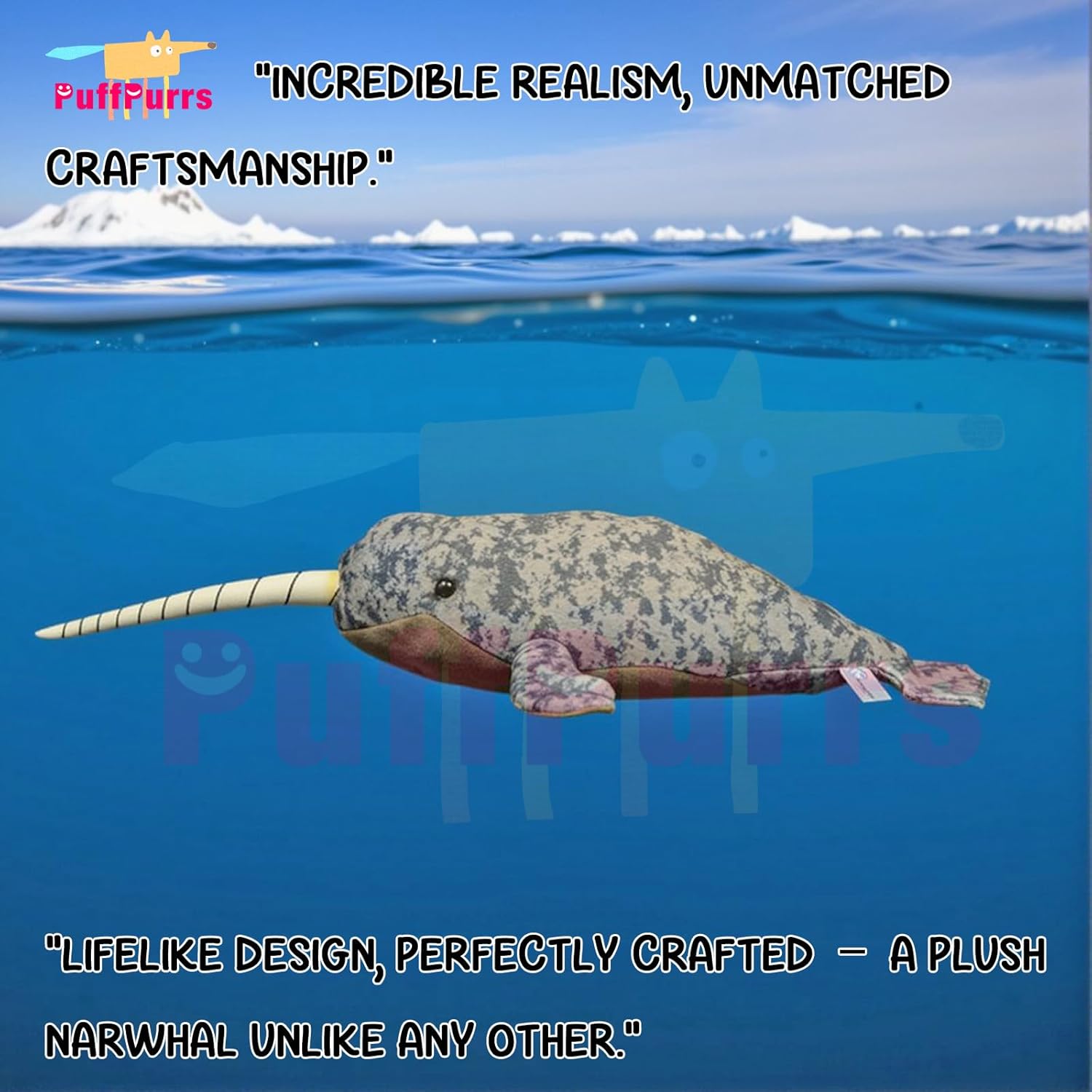 Detalle de PuffPurrs Lifelike Narwhal Plush Toy, 15‑inch