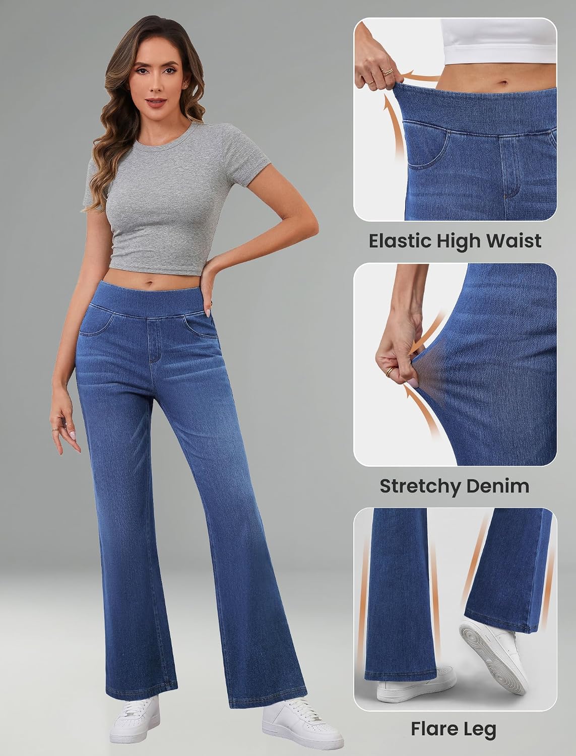 Detalle de FireSwan Women’s Pull-On Flare Jeans with Stretch Denim and Four Pockets