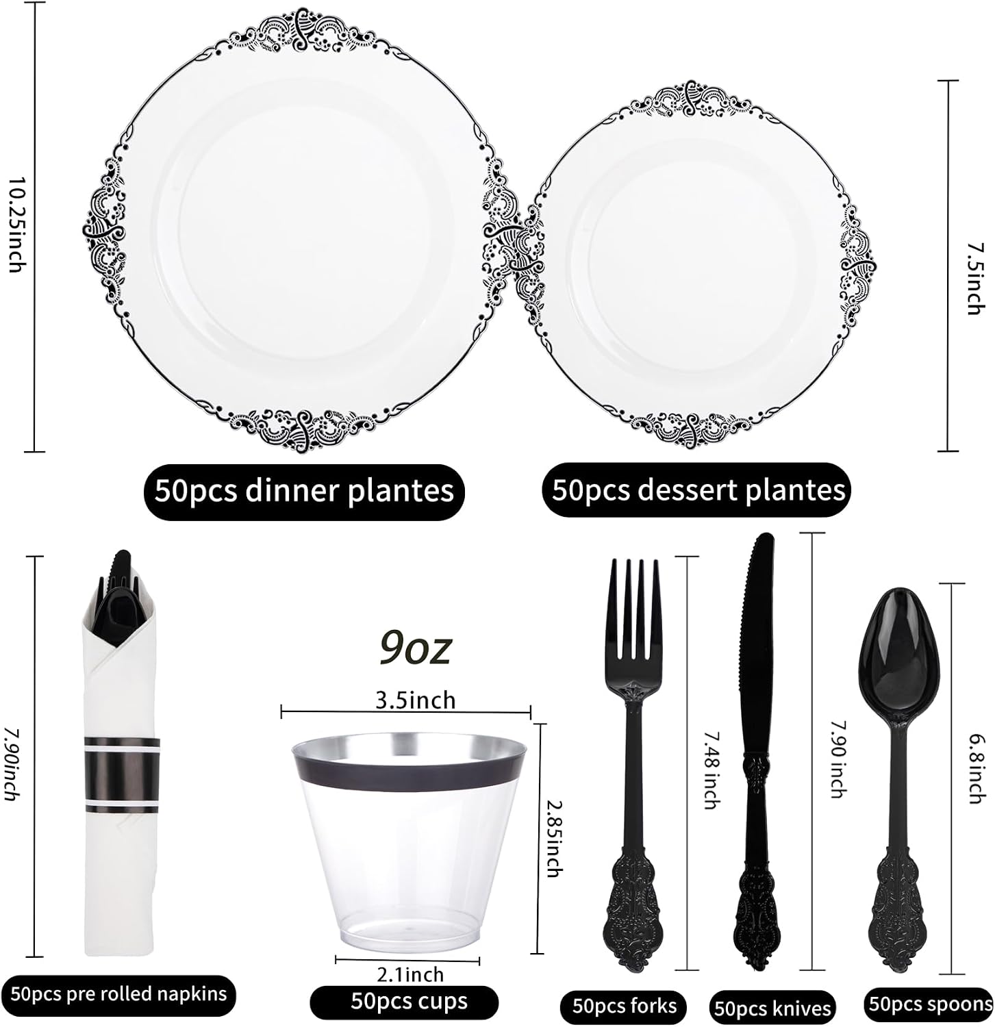 Detalle de Hioasis 350pcs Clear and Black Plates — Black Baroque Party Set for 50 Guests