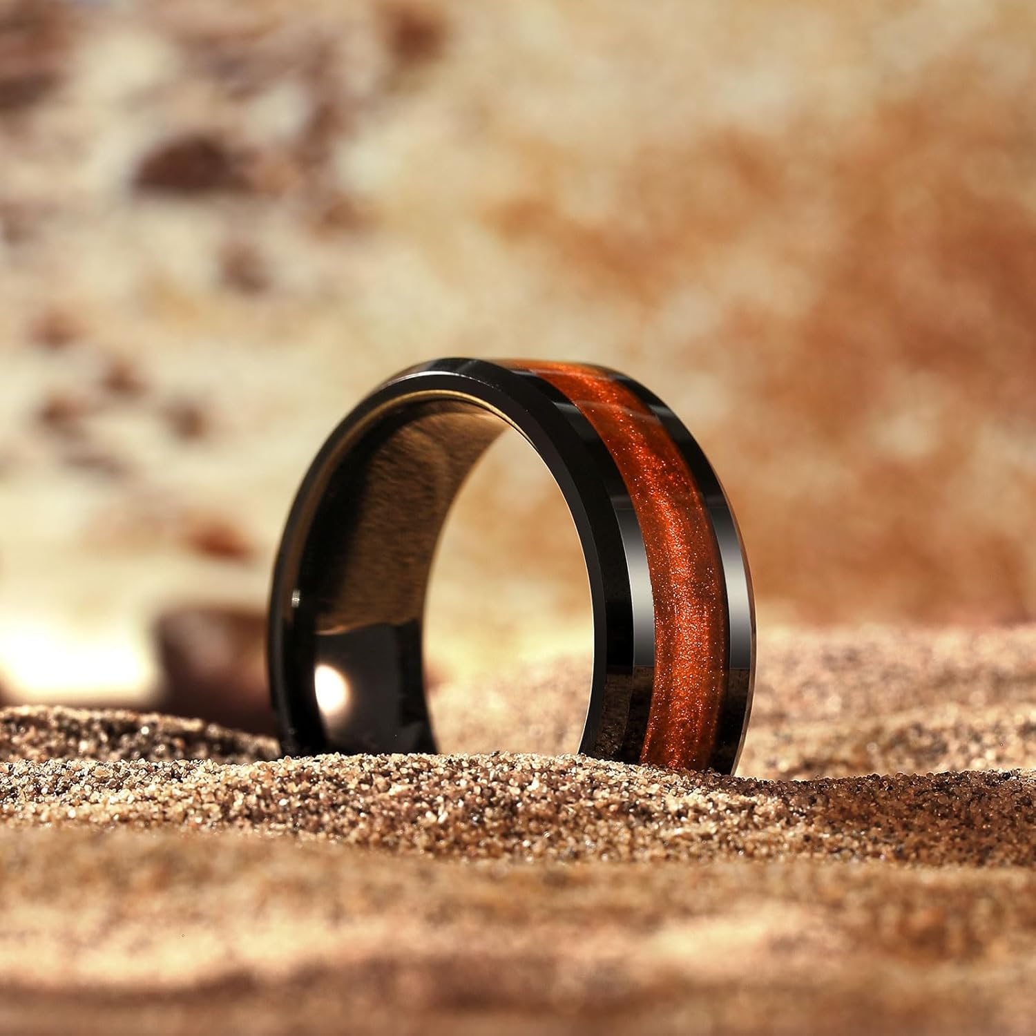 Detalle de King Will Men’s Tungsten Carbide Wedding Band (8mm, Black with Star Coloured Inlay) – Comfort Fit