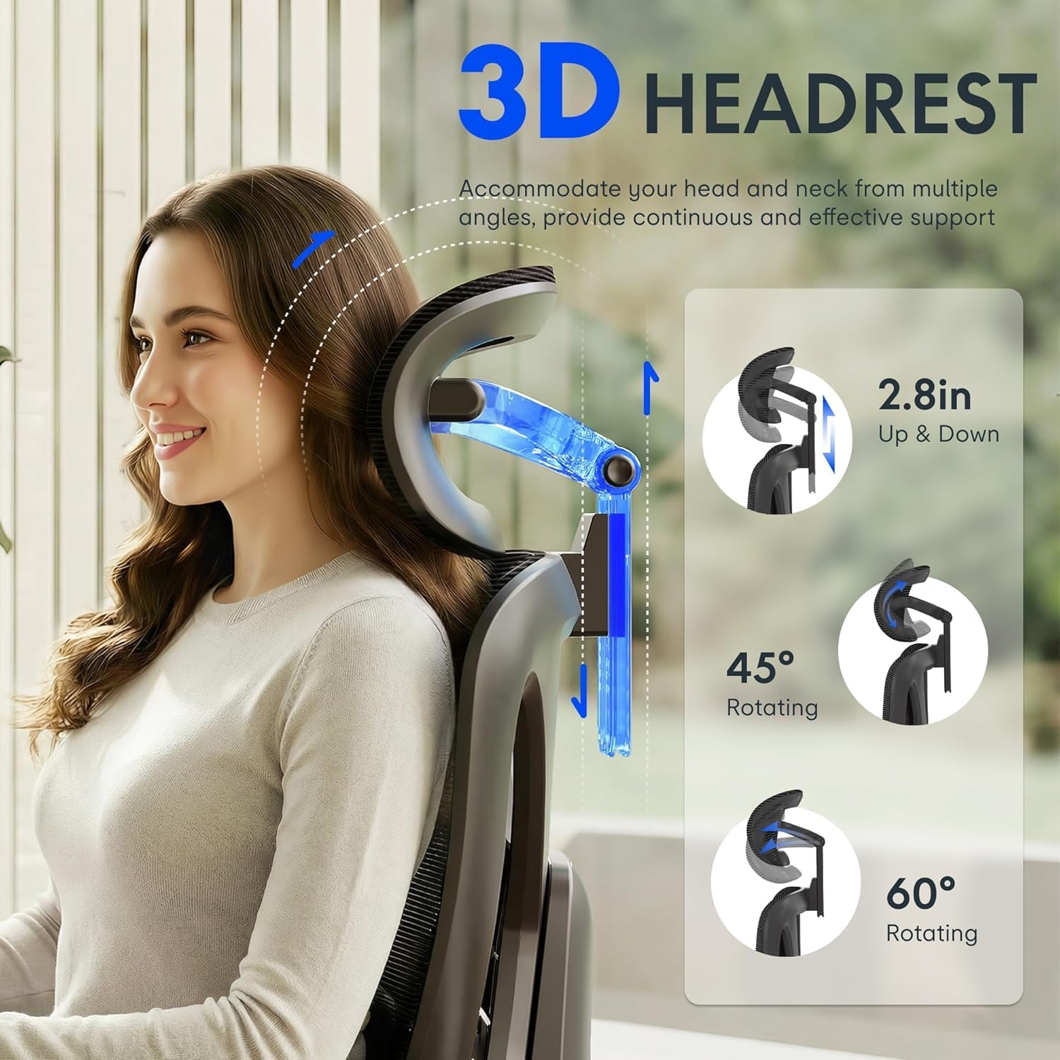 Detalle 2 de FLEXISPOT ErgoX ergonomic office chair with footrest, 3D armrests and 3D headrest (grey)