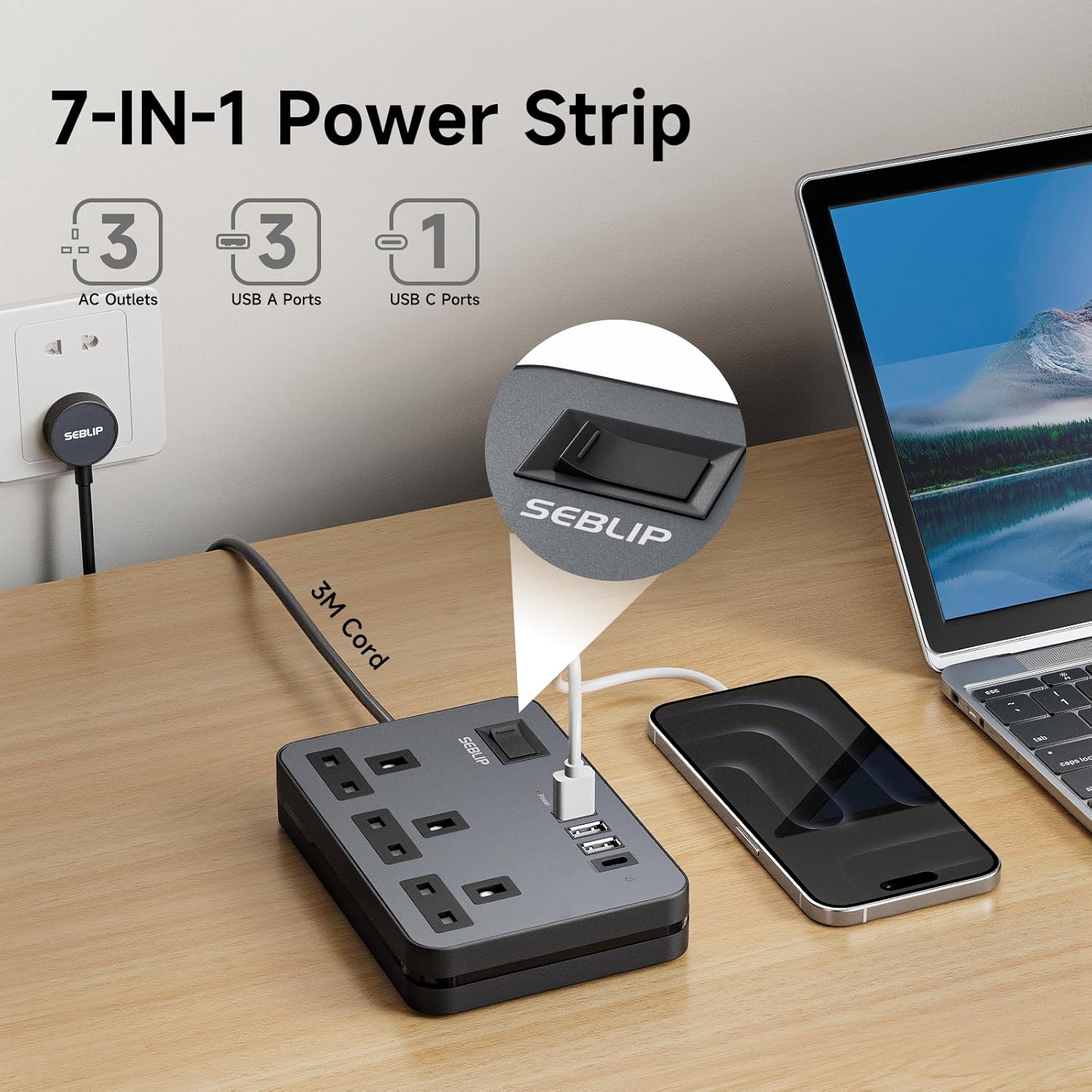 Thumbnail 2 de Extension Lead with 4 USB Slots, 3-Way Plug Power Strip with Switches – 5m Black